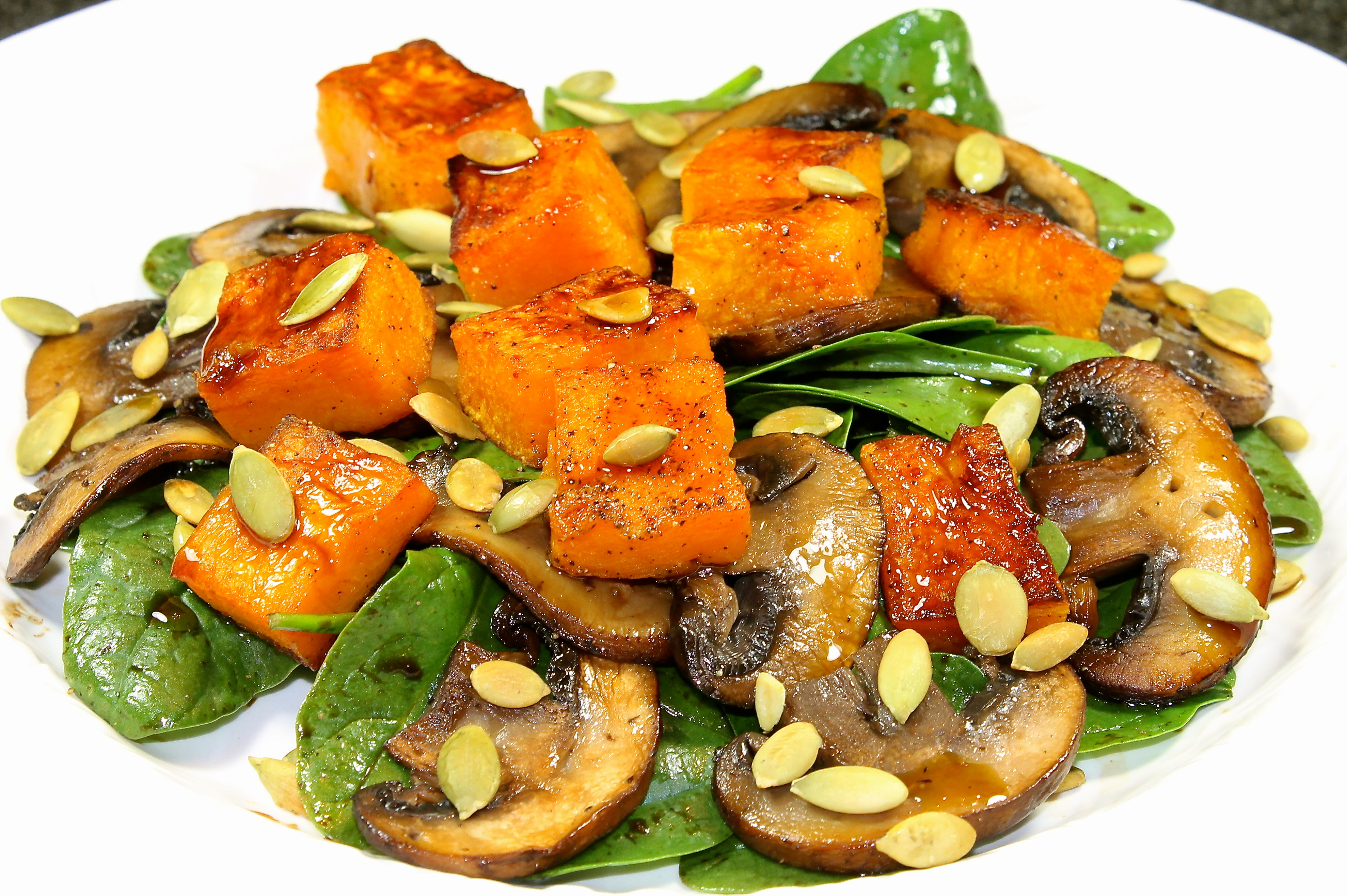 Spinach And Mushroom Salad With Butternut Squash Croutons