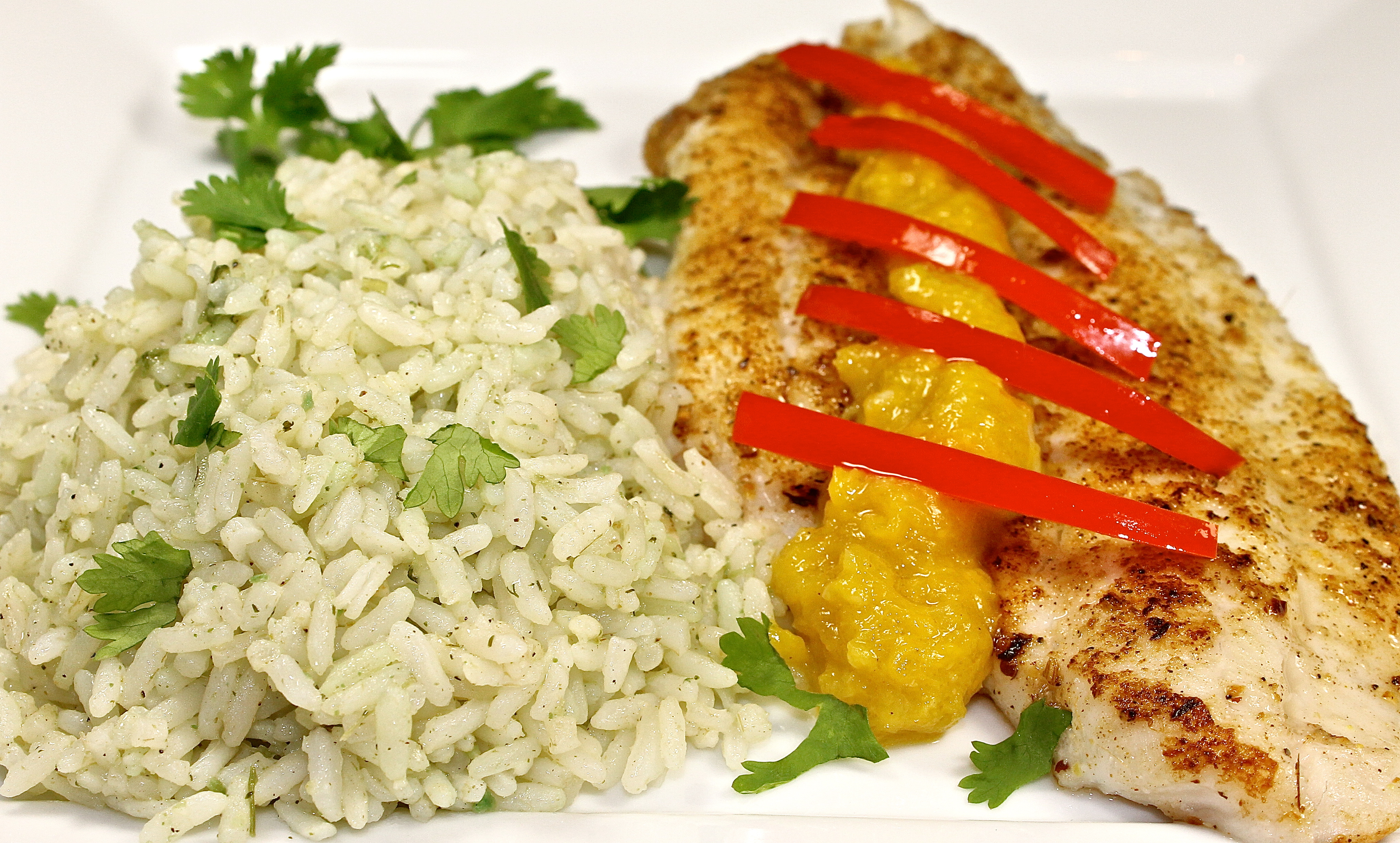 Jerk Flounder With Mango Sauce And Green Rice
