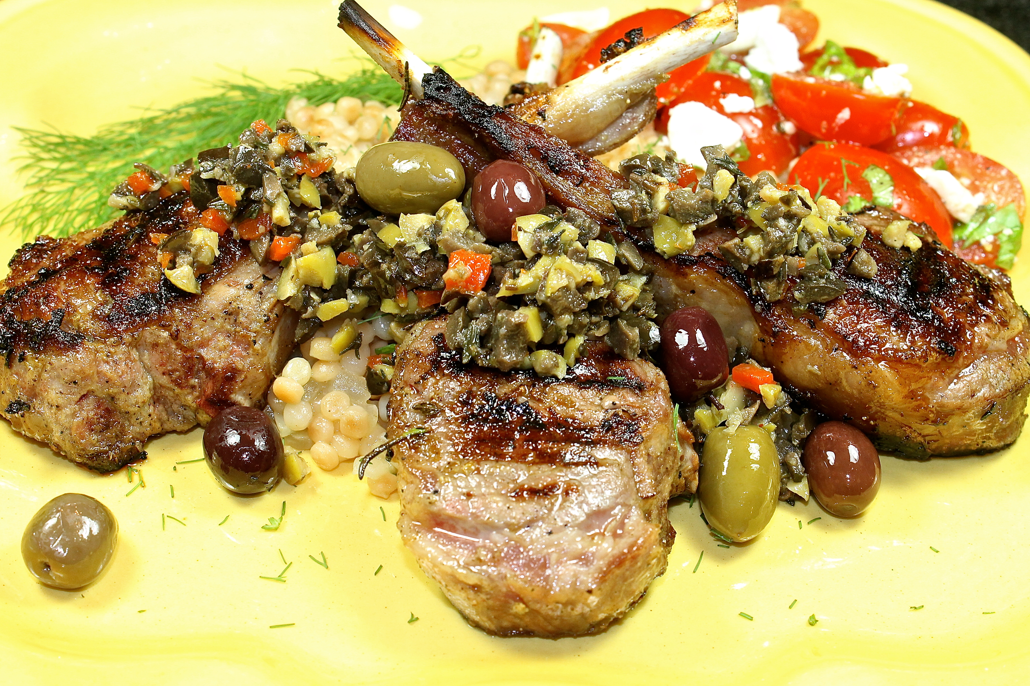 Grilled Lamb Chops With Tapenade Over A Bed Of Fennel Israeli Couscous