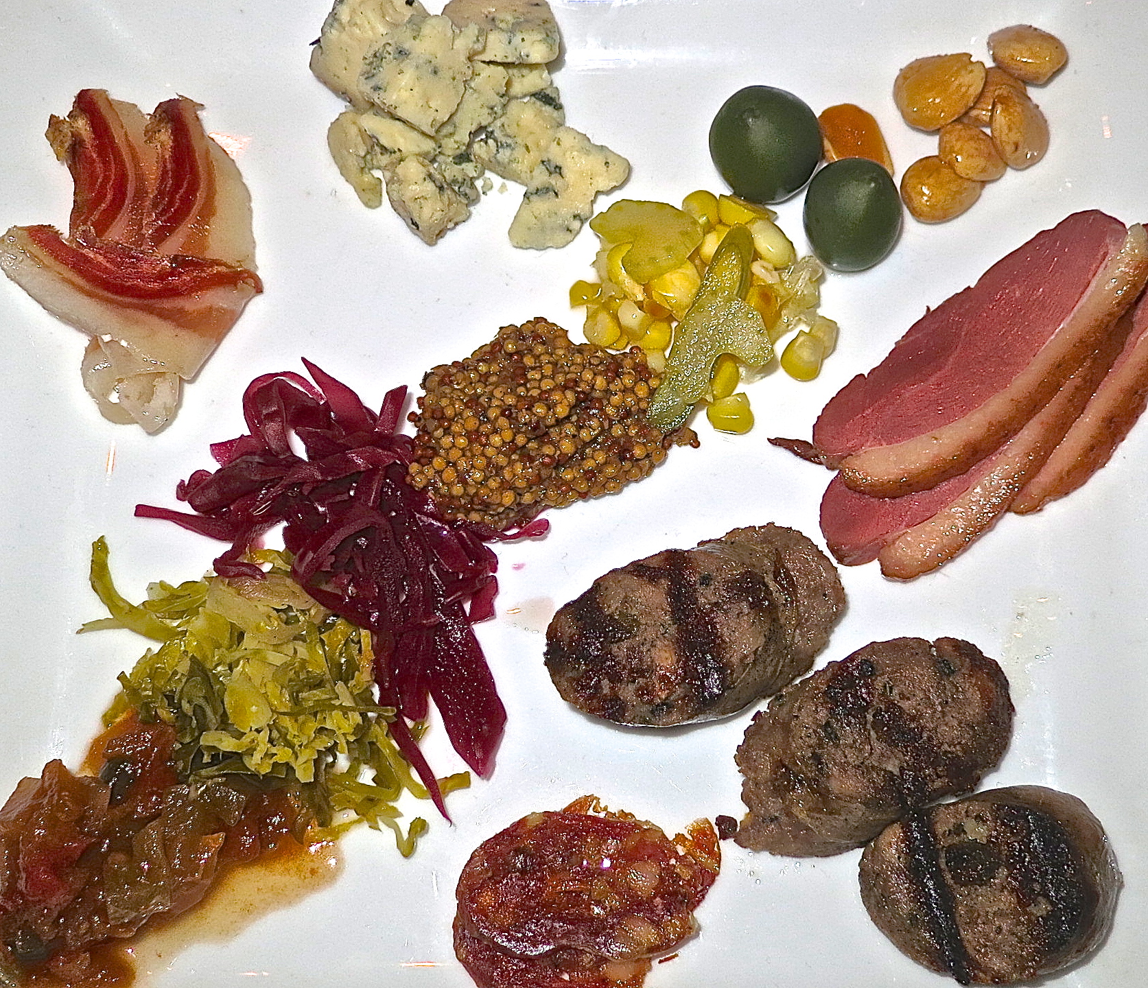 Housemade Charcuterie With Smoked Duck Ham, Rosemary & Olive Sausage, Etc. With Chutneys, Cheese, Almonds And Olives