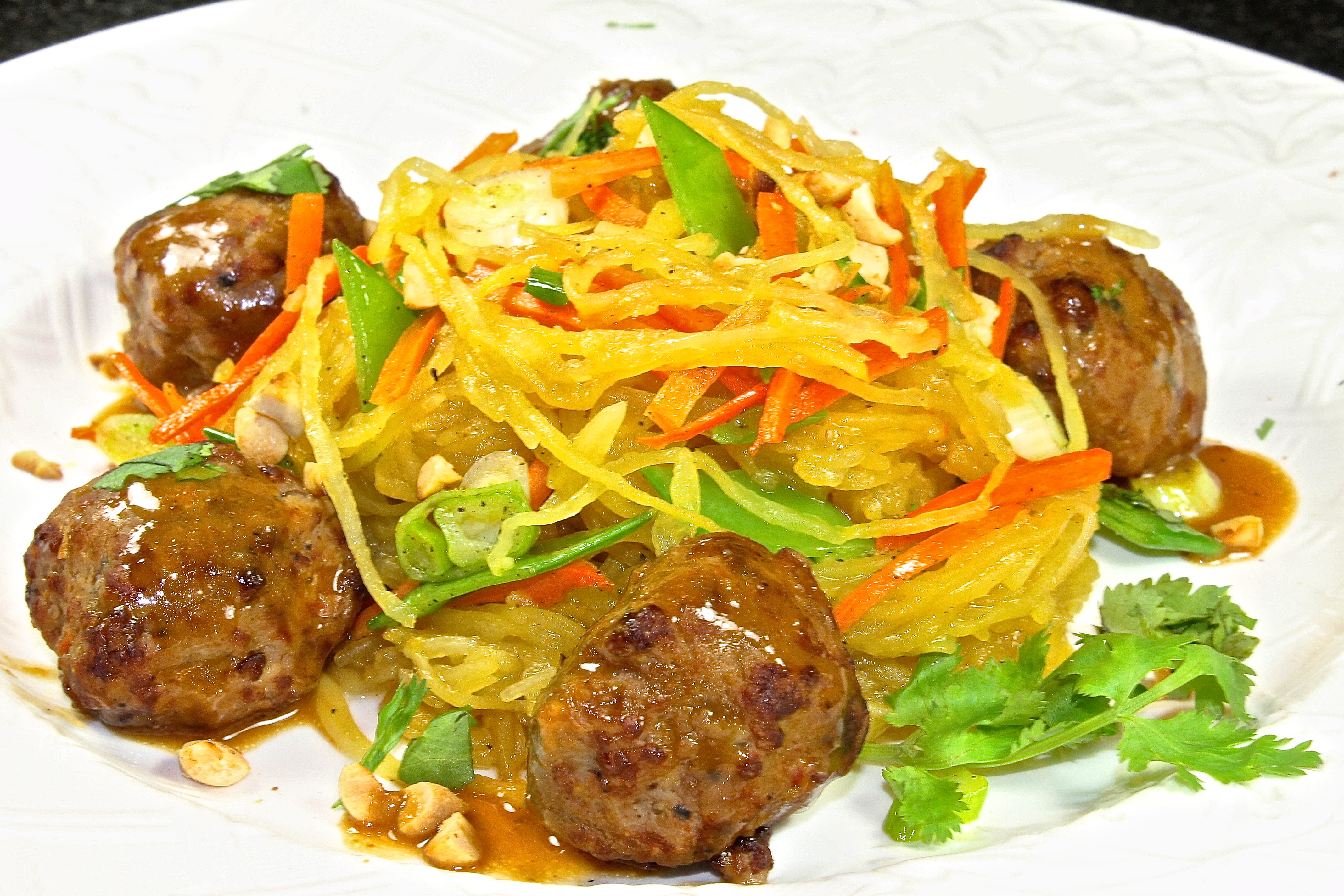 Thai Style Spaghetti  Squash With Chicken Meatballs