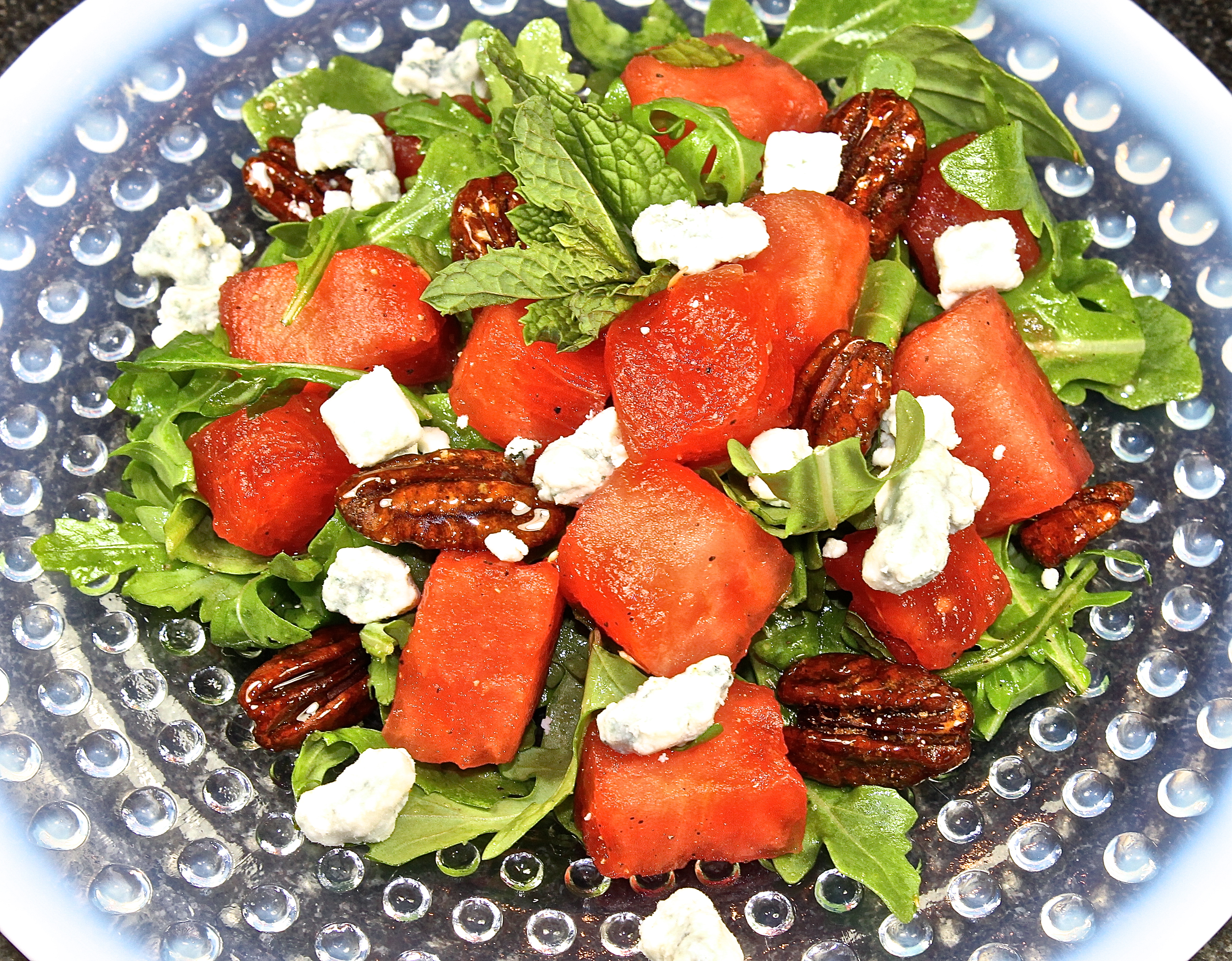 Watermelon Salad With Honey Spiced Pecans And Blue Cheese