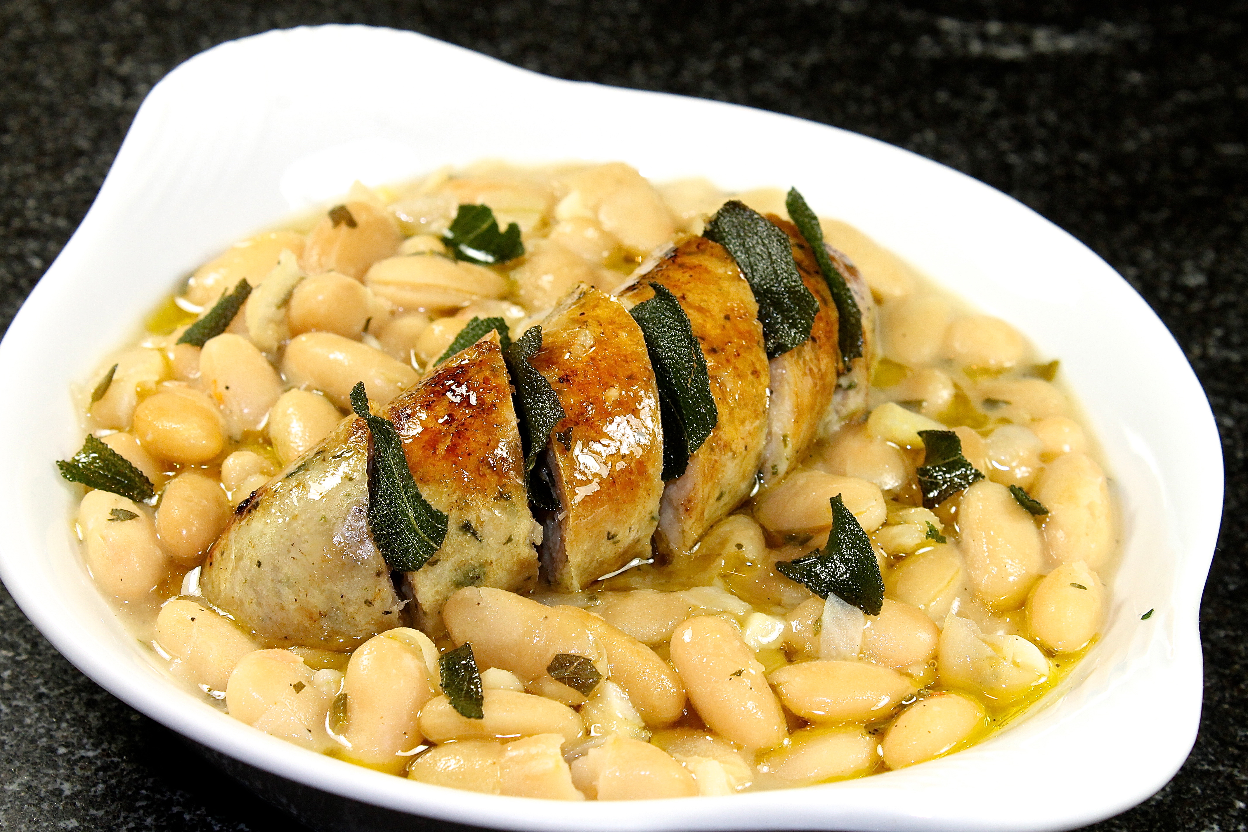 Cannellini Beans With Brown Butter Fried Sage And Chicken Sausage