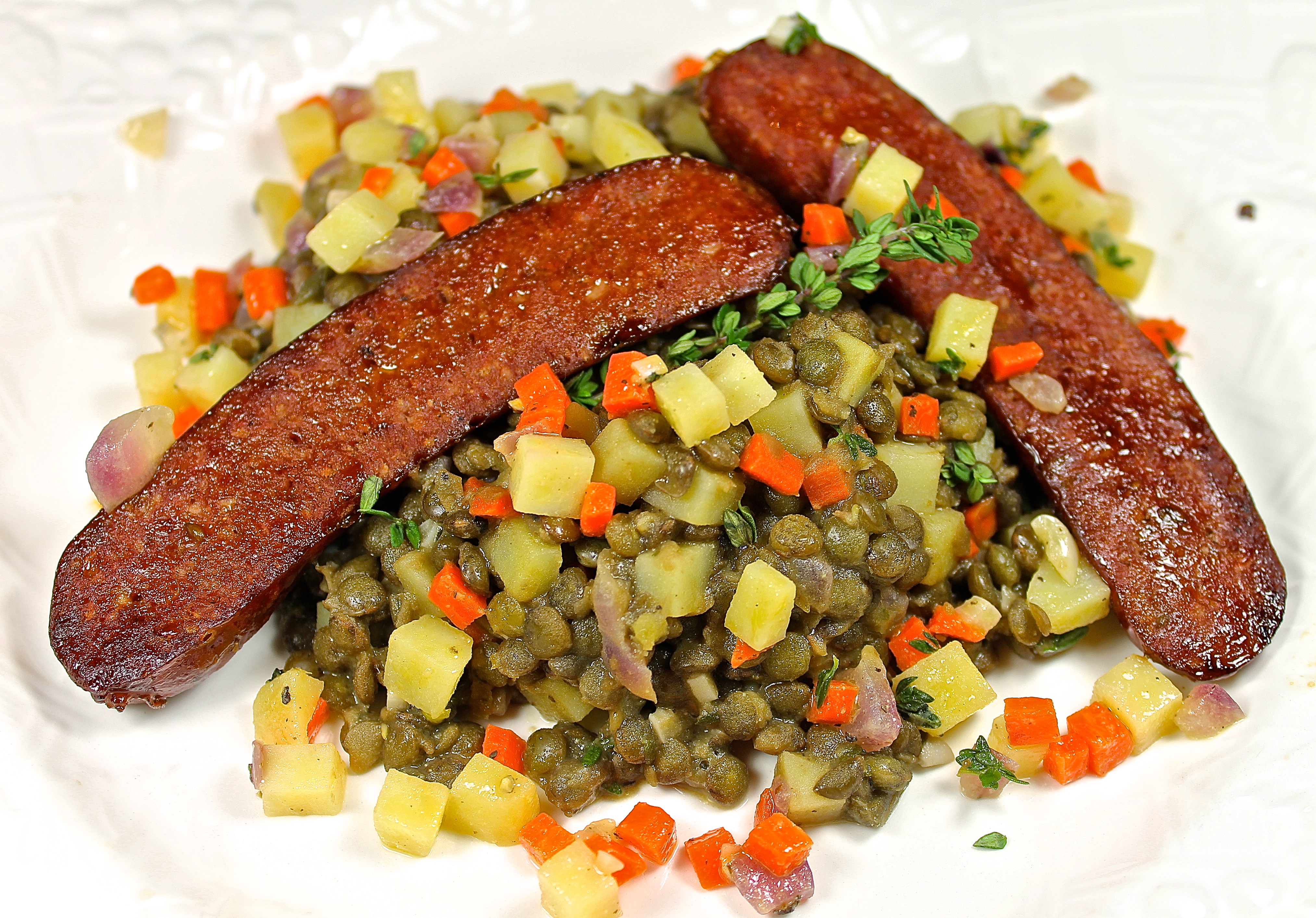 Warm Lentil Salad Topped With Merguez Sausage…A French Bistro Meal