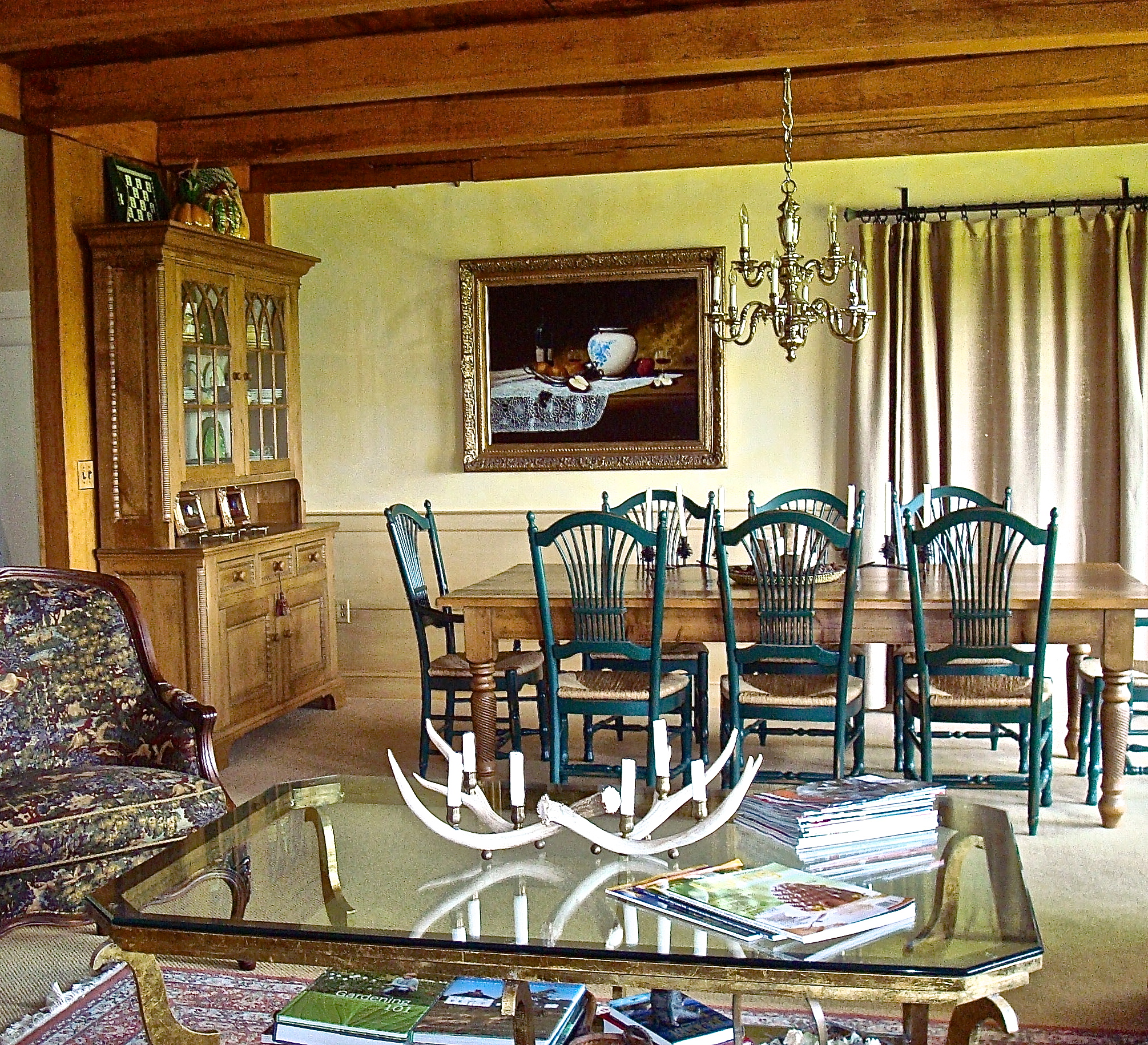 The Pine Table And Hutch Will Go To Our New Home But The Green Rush Seated Chairs Will Be Sold