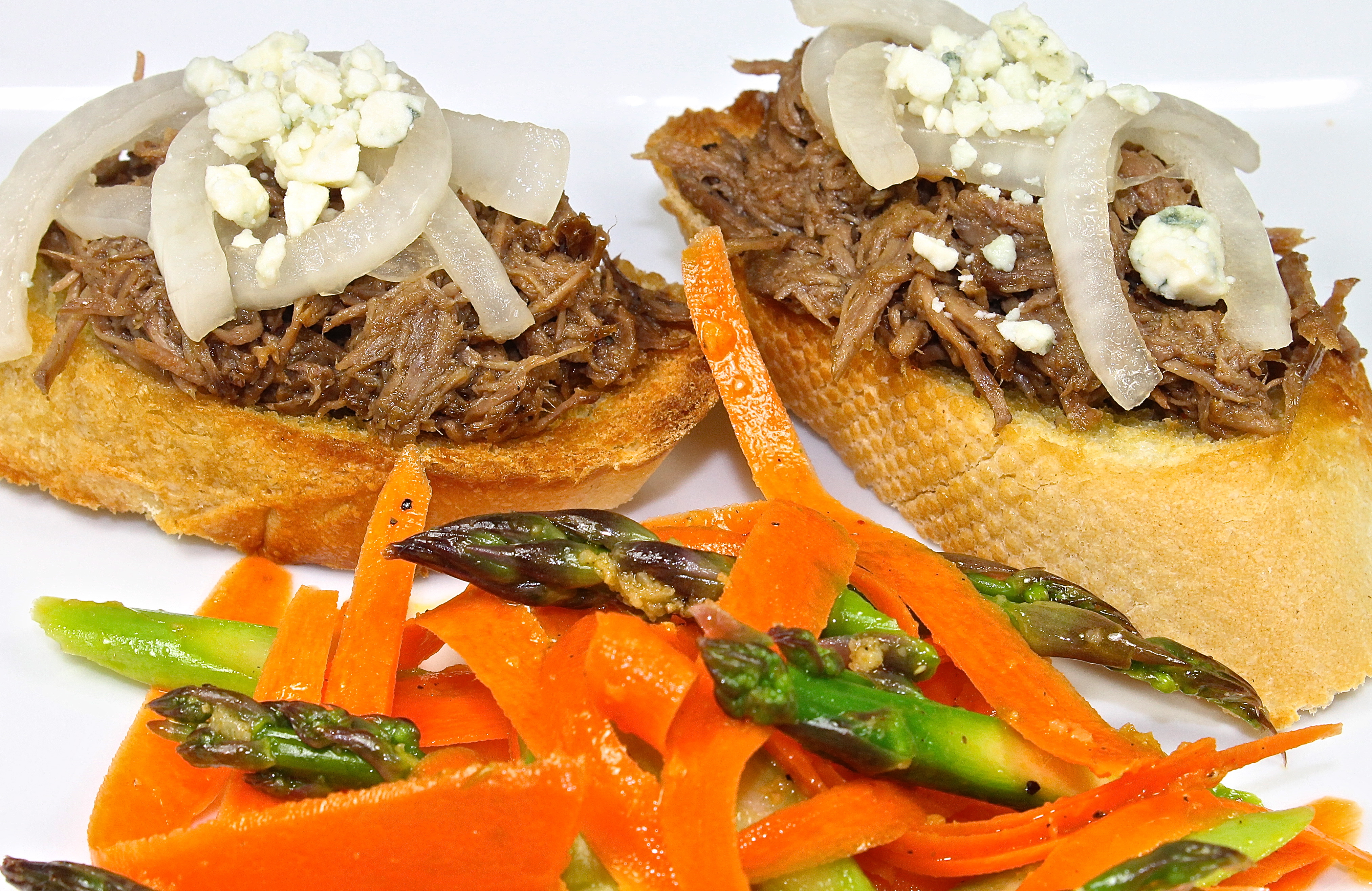 Short Rib Marmalade Crostoni With Marinated  Asparagus Tip And Carrot Ribbon Salad