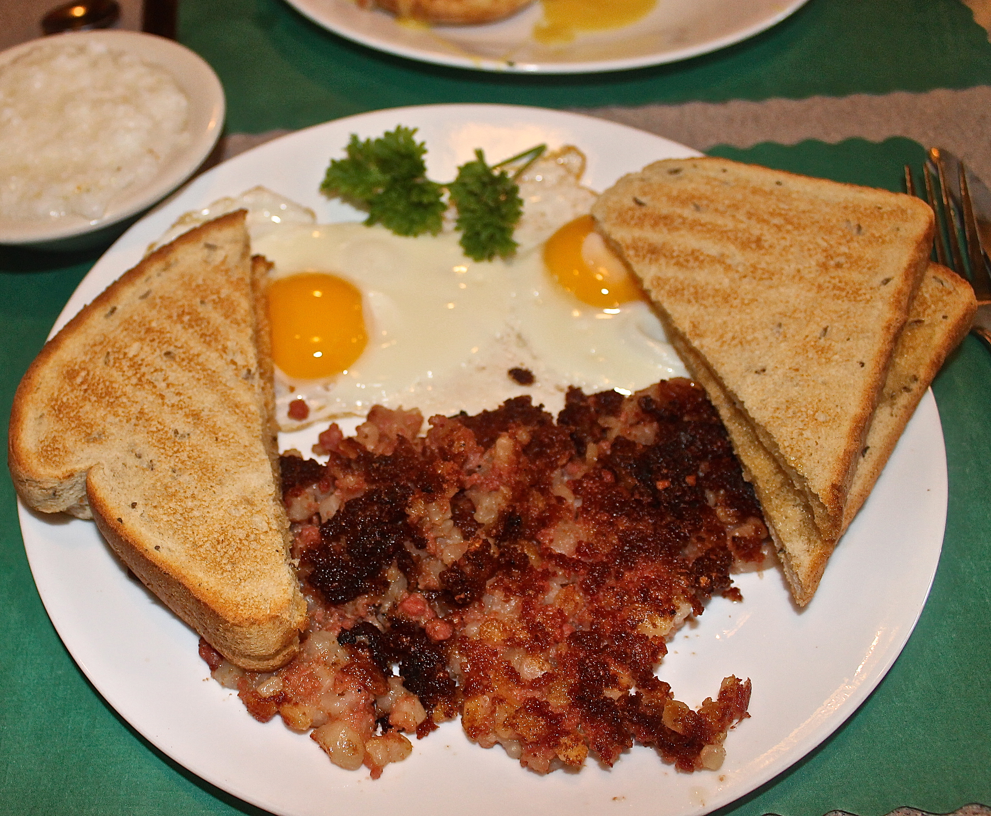 Crispy Corned Beef Hash, Fried Eggs And Rye Toast