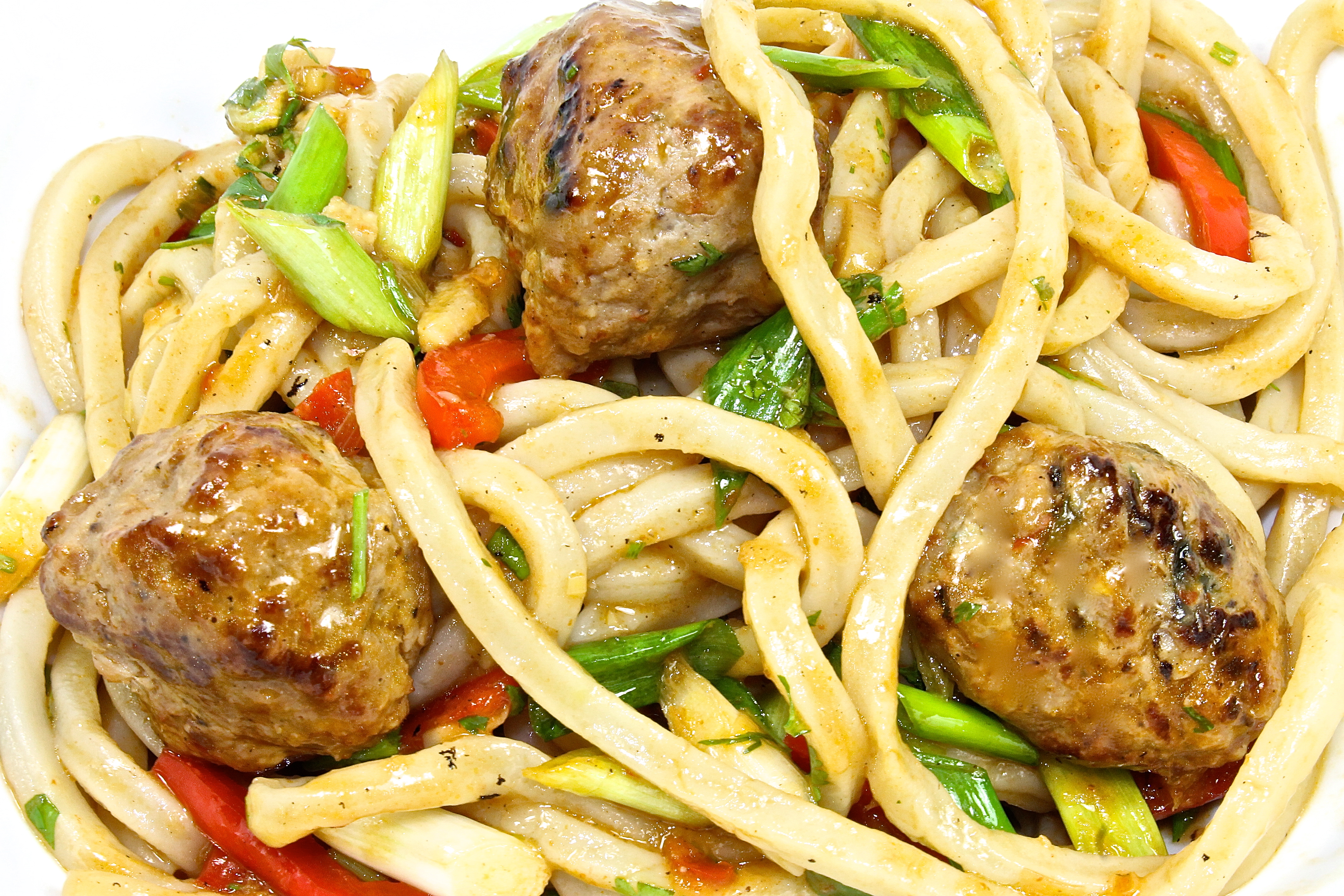 Spicy Udon Noodles With Chicken Meatballs