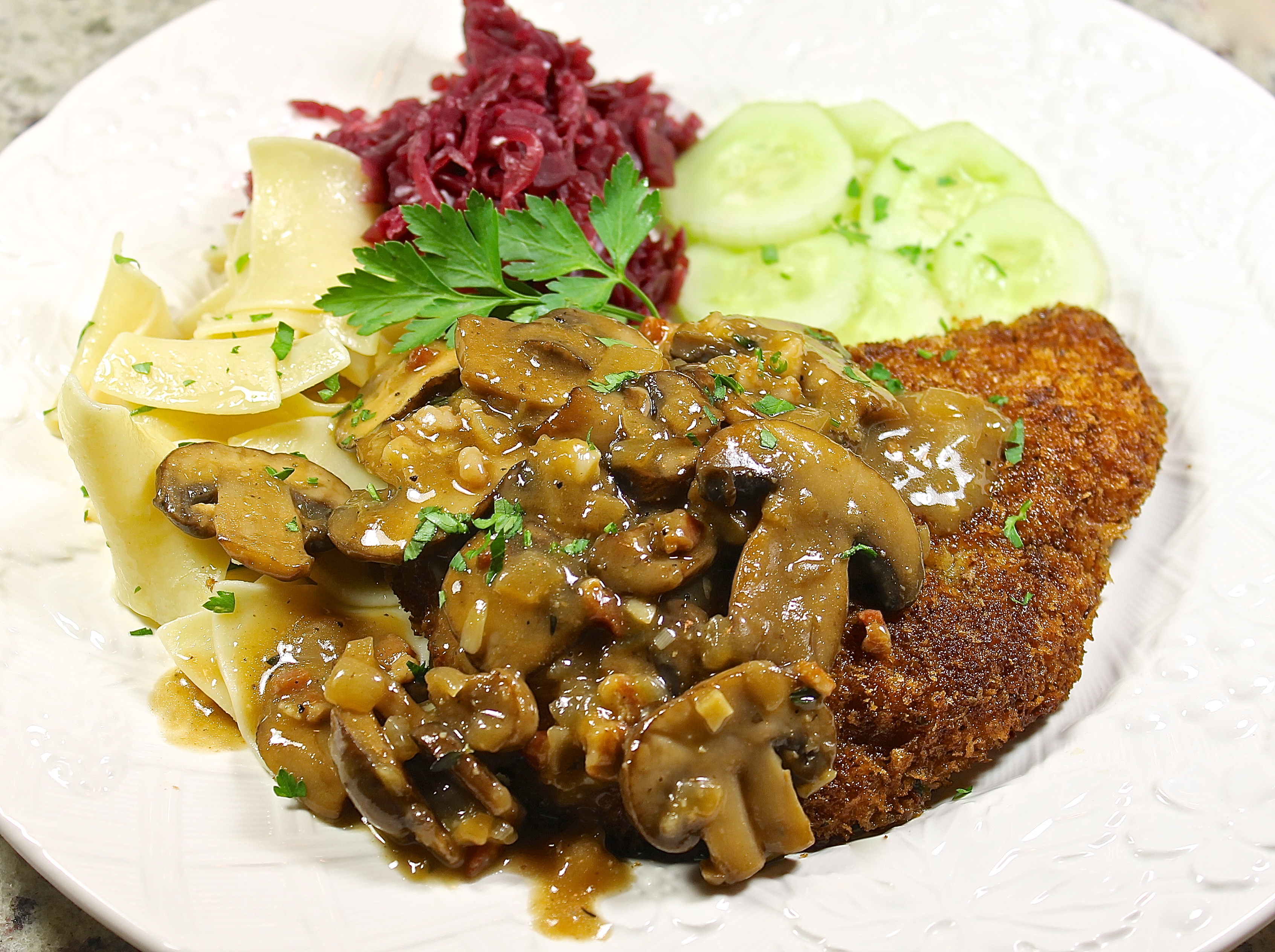 Jägerschnitzel, Pork Cutlet Topped With Mushroom Gravy