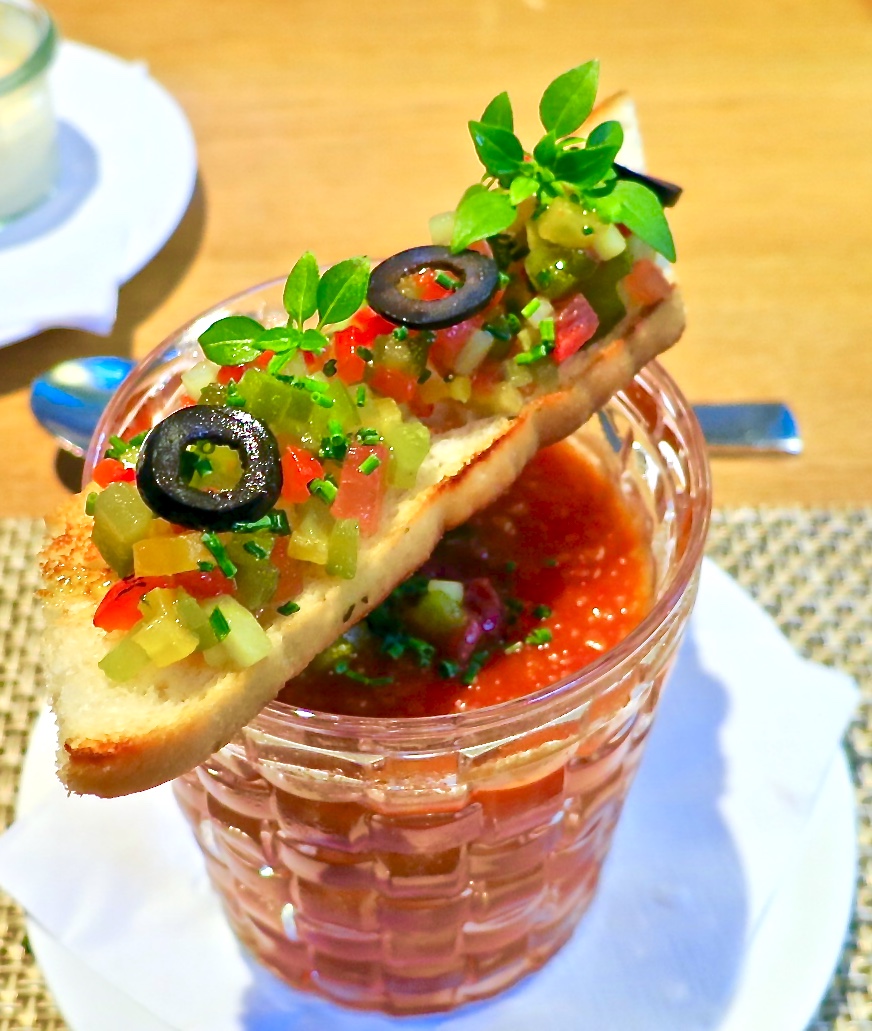 Gazpacho, Focaccia, Black Olives