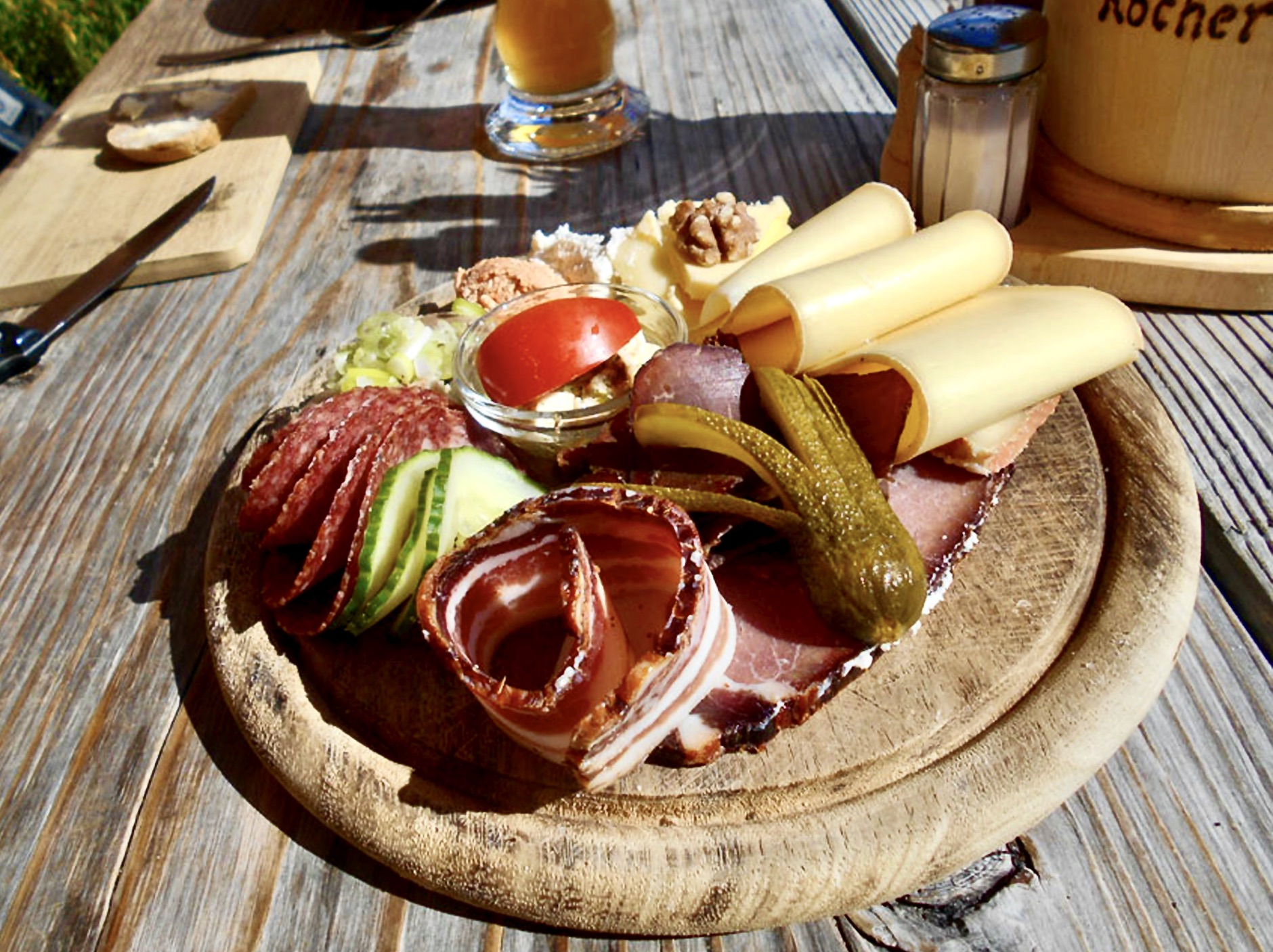 Austrian lunch of alpine cheese and smoked meats