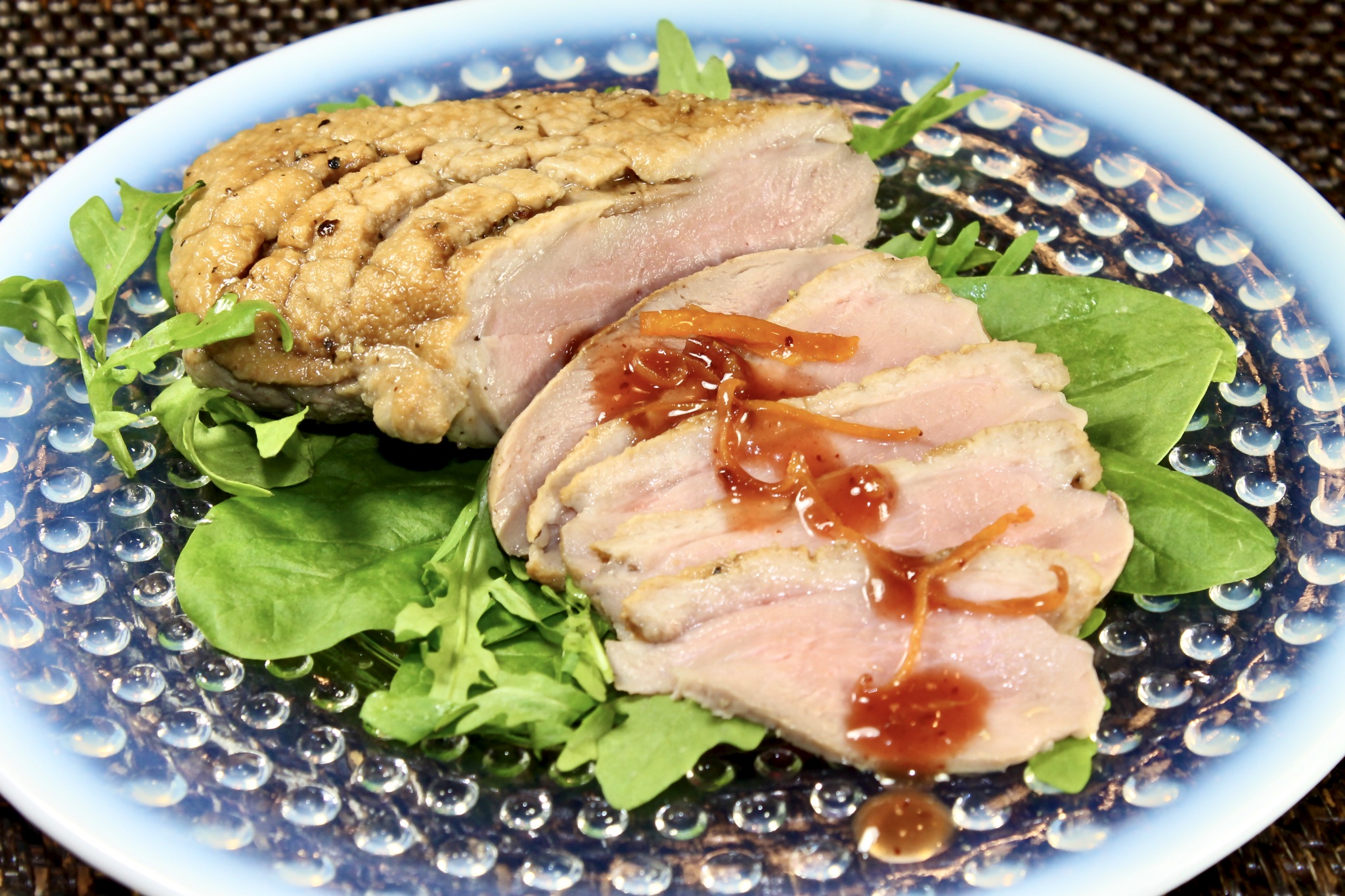 sliced duck breast with Cumberland sauce