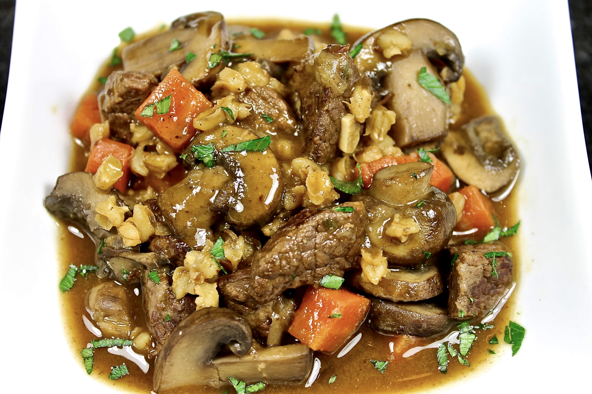 beef, barley and mushroom stew