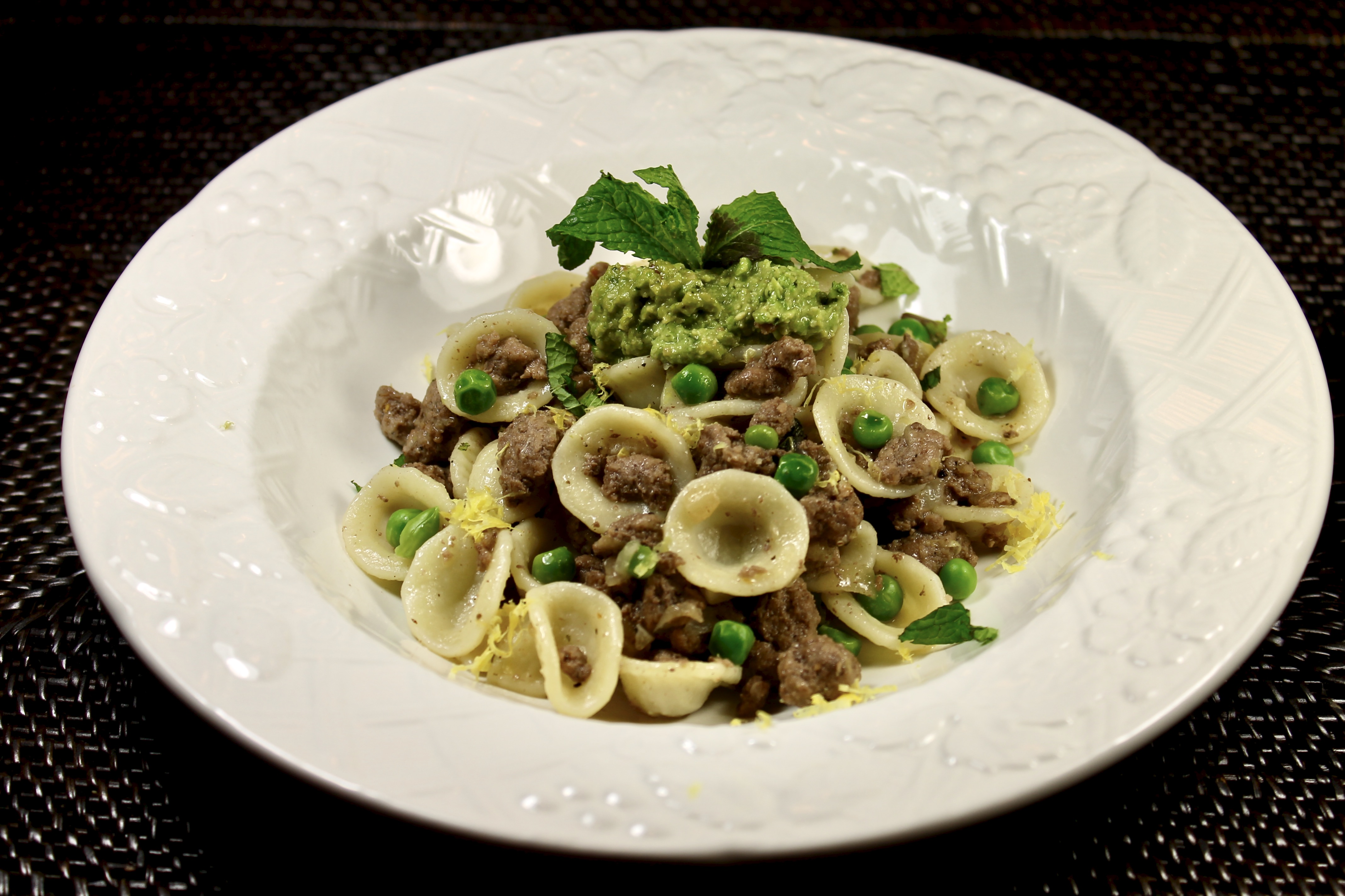 Spring Pea And Lamb Pasta With Mint Pea Pesto
