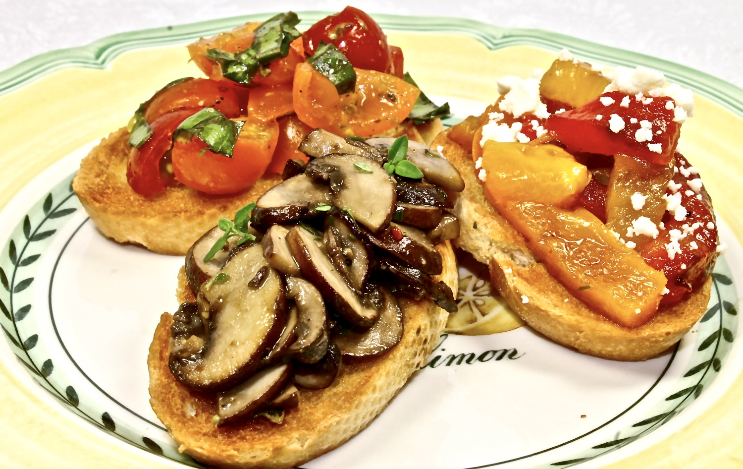 a variety of vegetable crostini