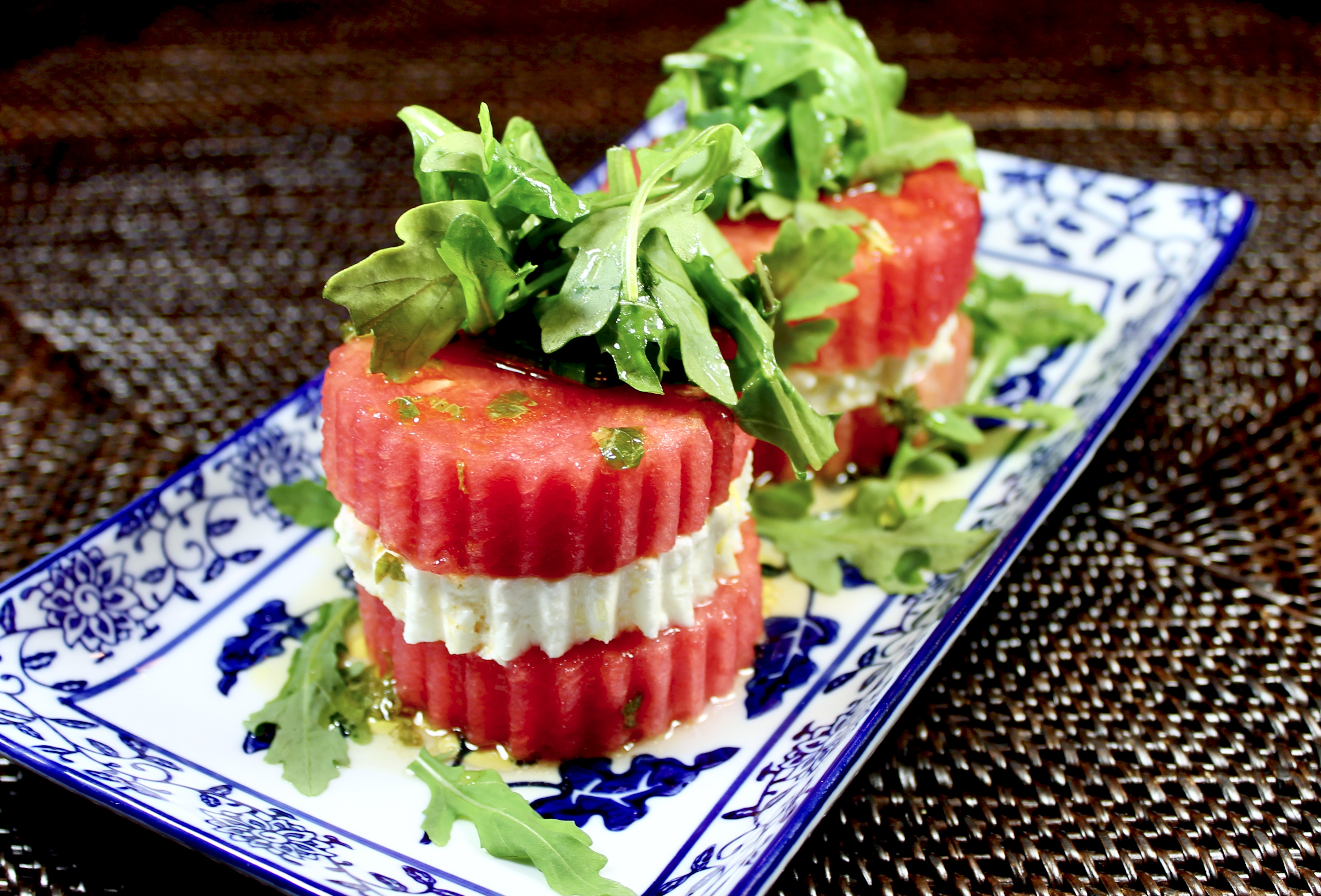 spicy stacked watermelon feta and arugula salad