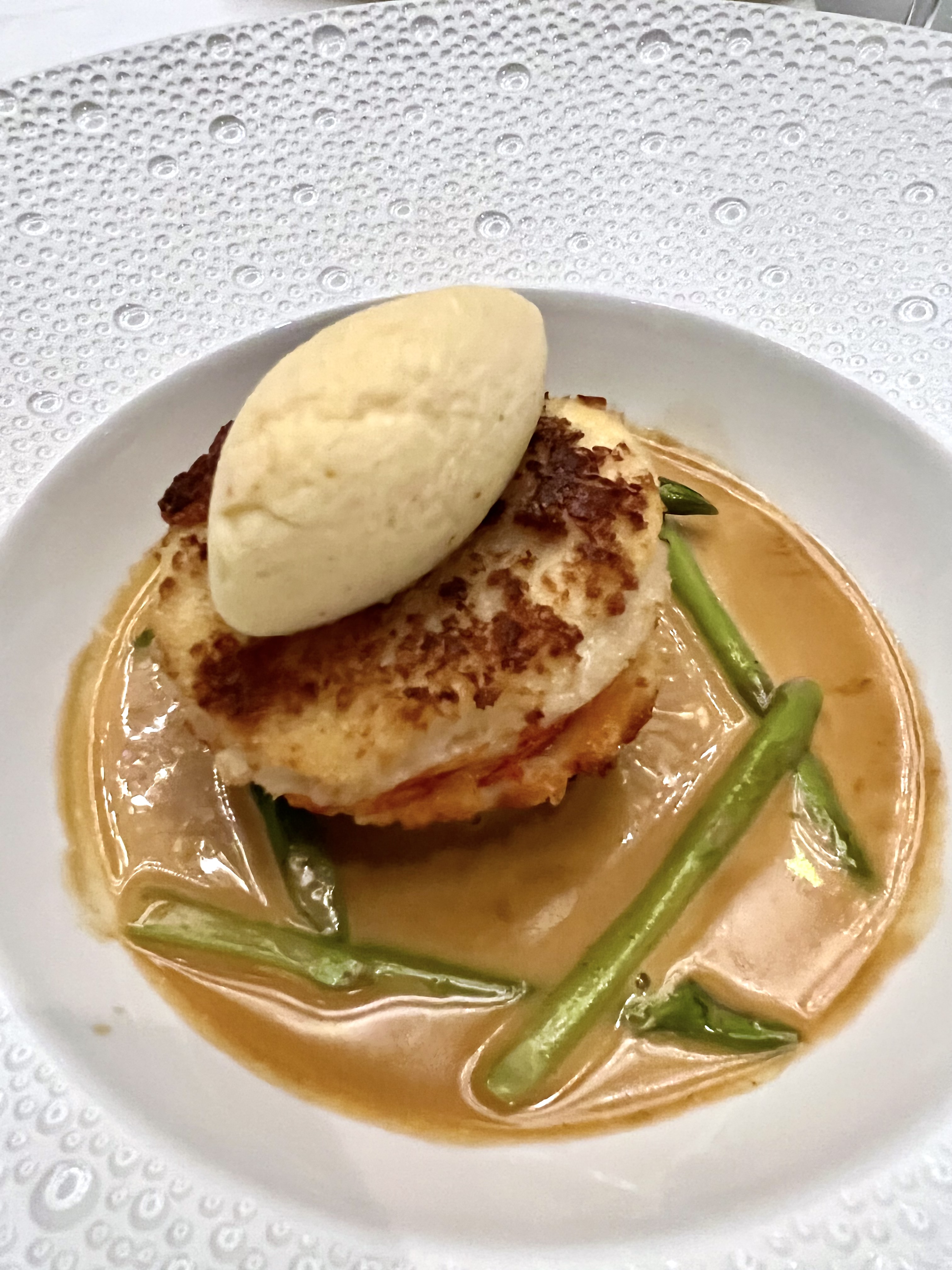Baked Lobster Tail & Scallop Mousse, Asparagus, Almond Broth