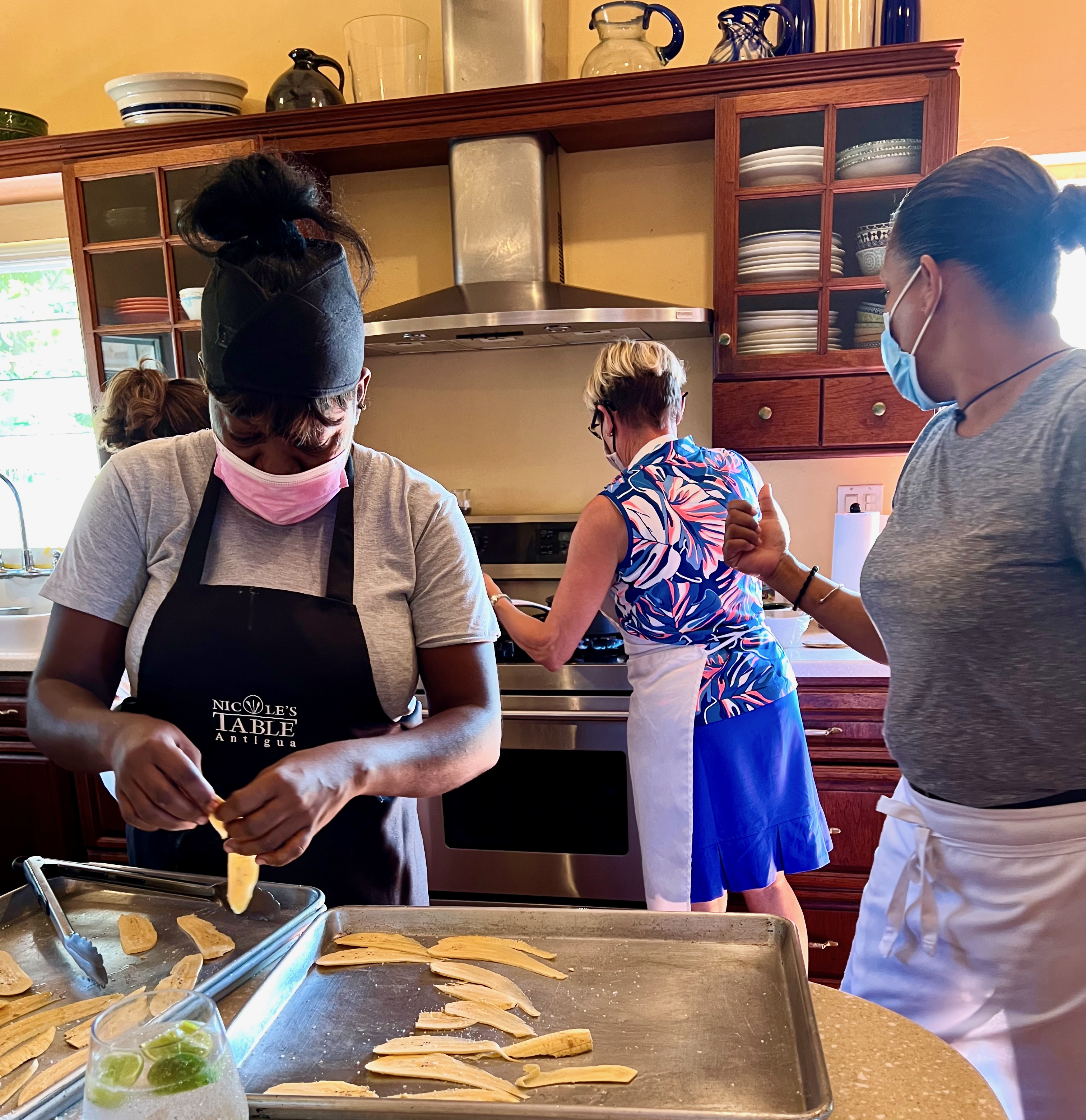 cooking plantains and rice and beans
