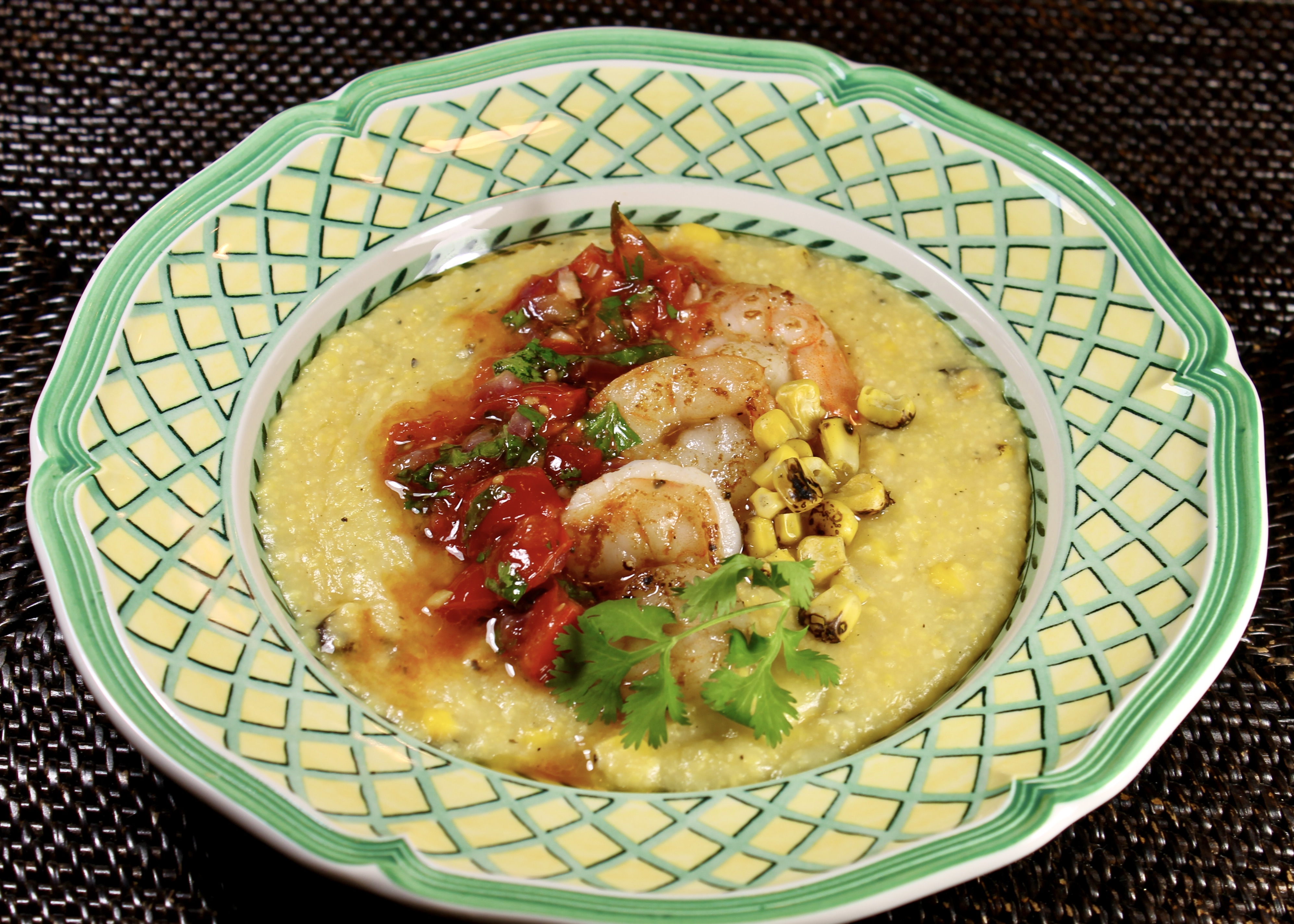 shrimp with fresh ranchero sauce on charred corn polenta 