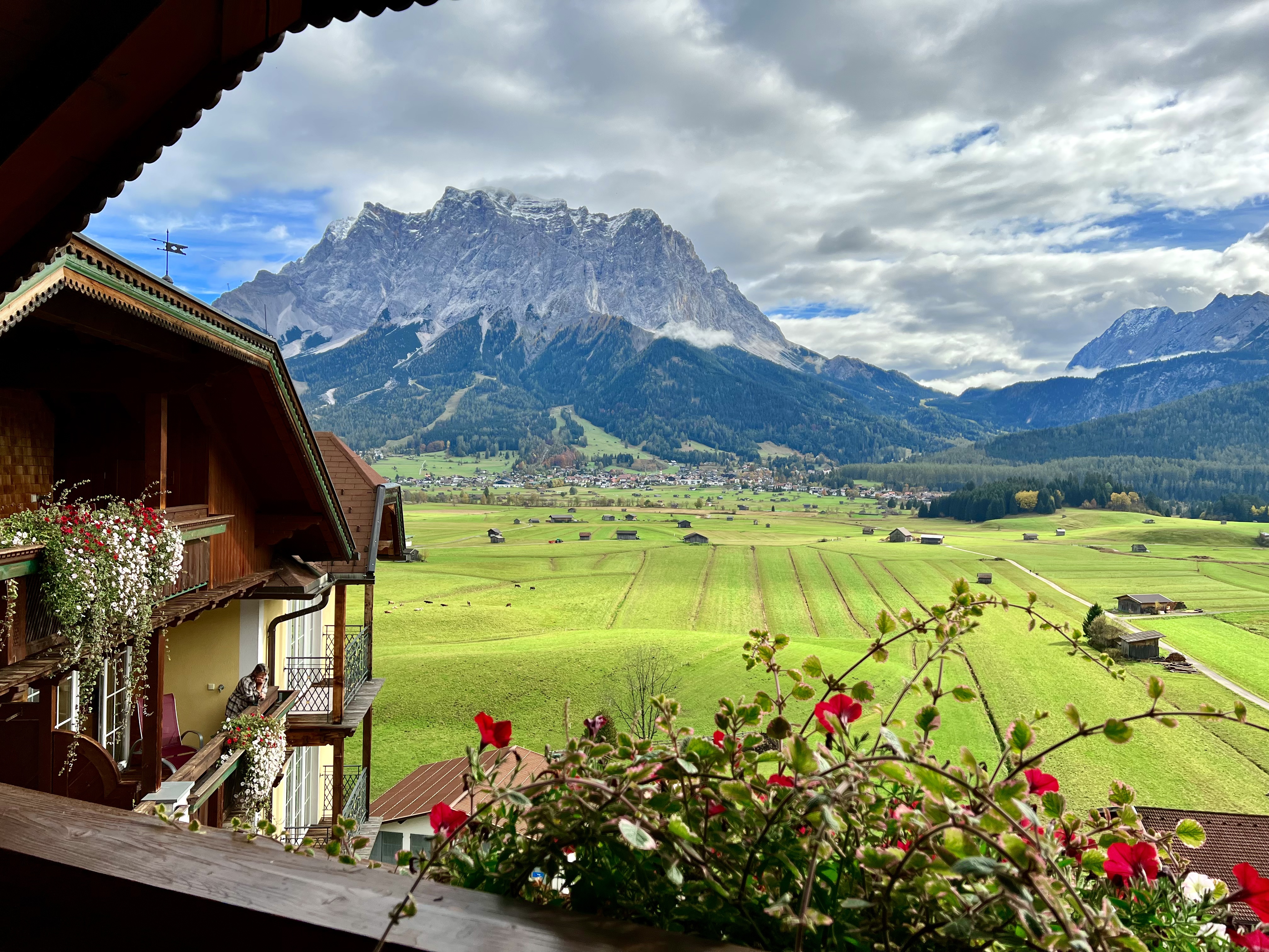 view of Zugspitze seen from room at hotel post, Lermoos, Austria