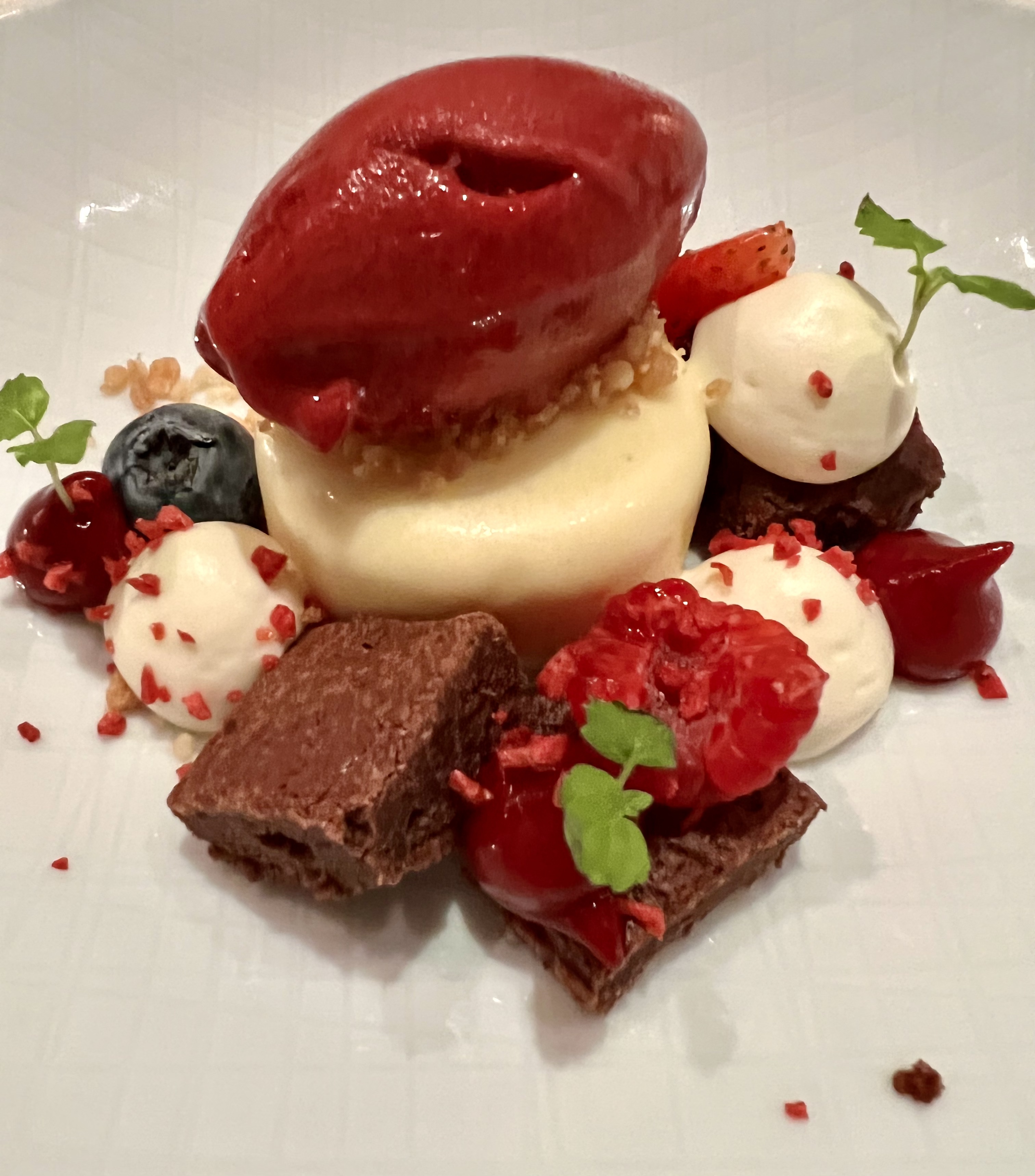 white chocolate, brownie and wild berries