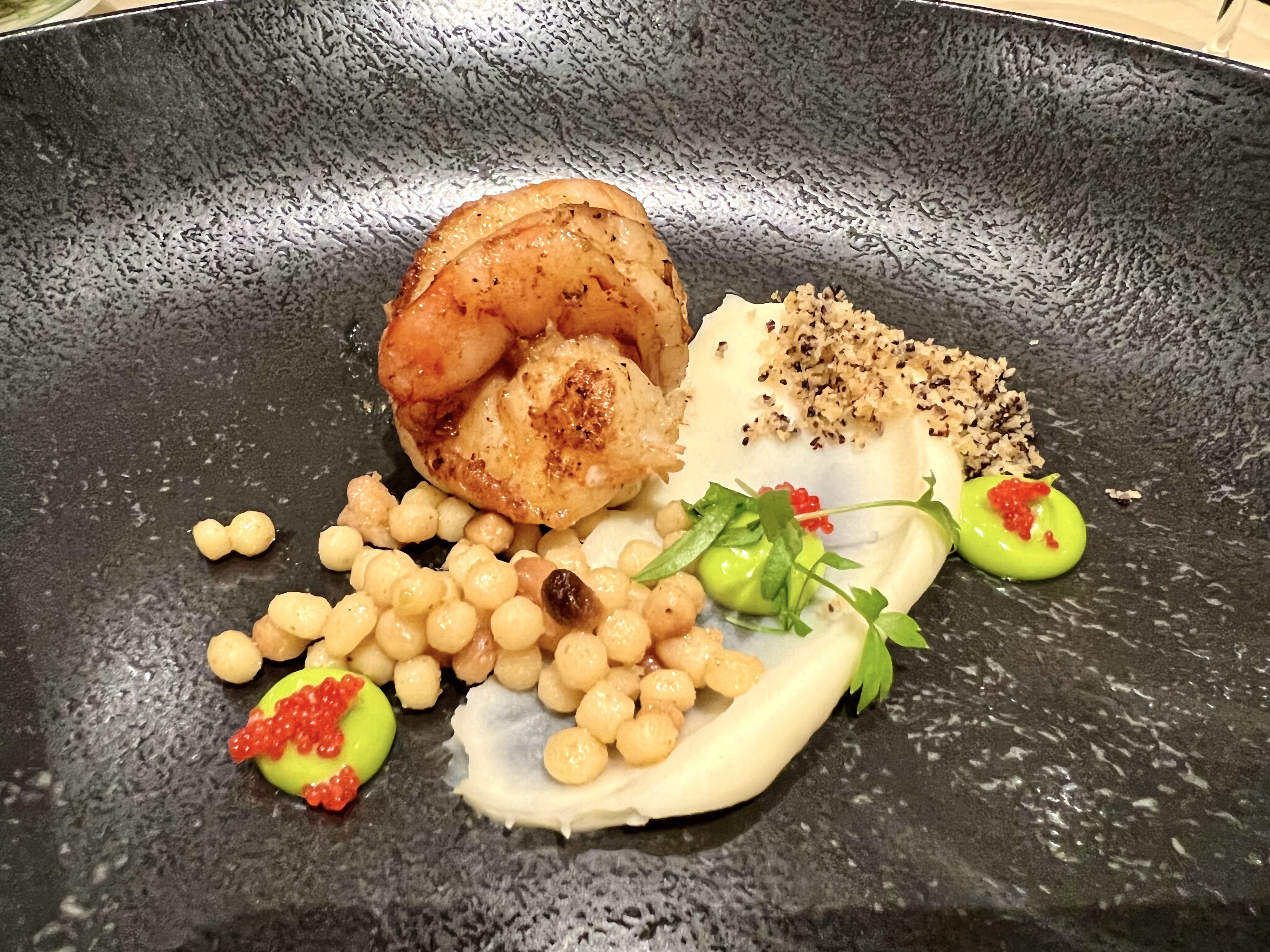 prawns, cream of chervil roots and fregola salad