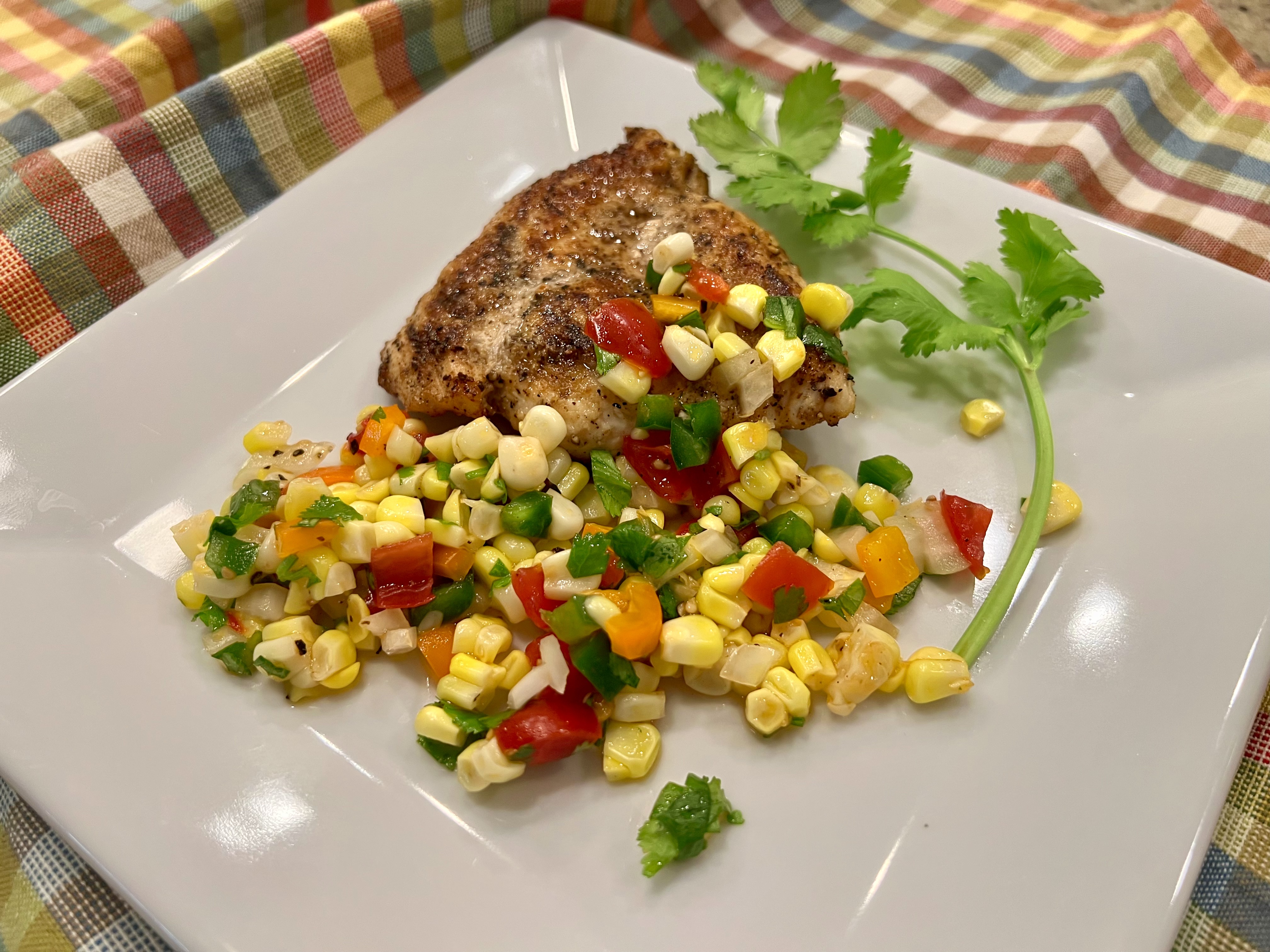 fresh corn pico de gallo with sautéed chicken
