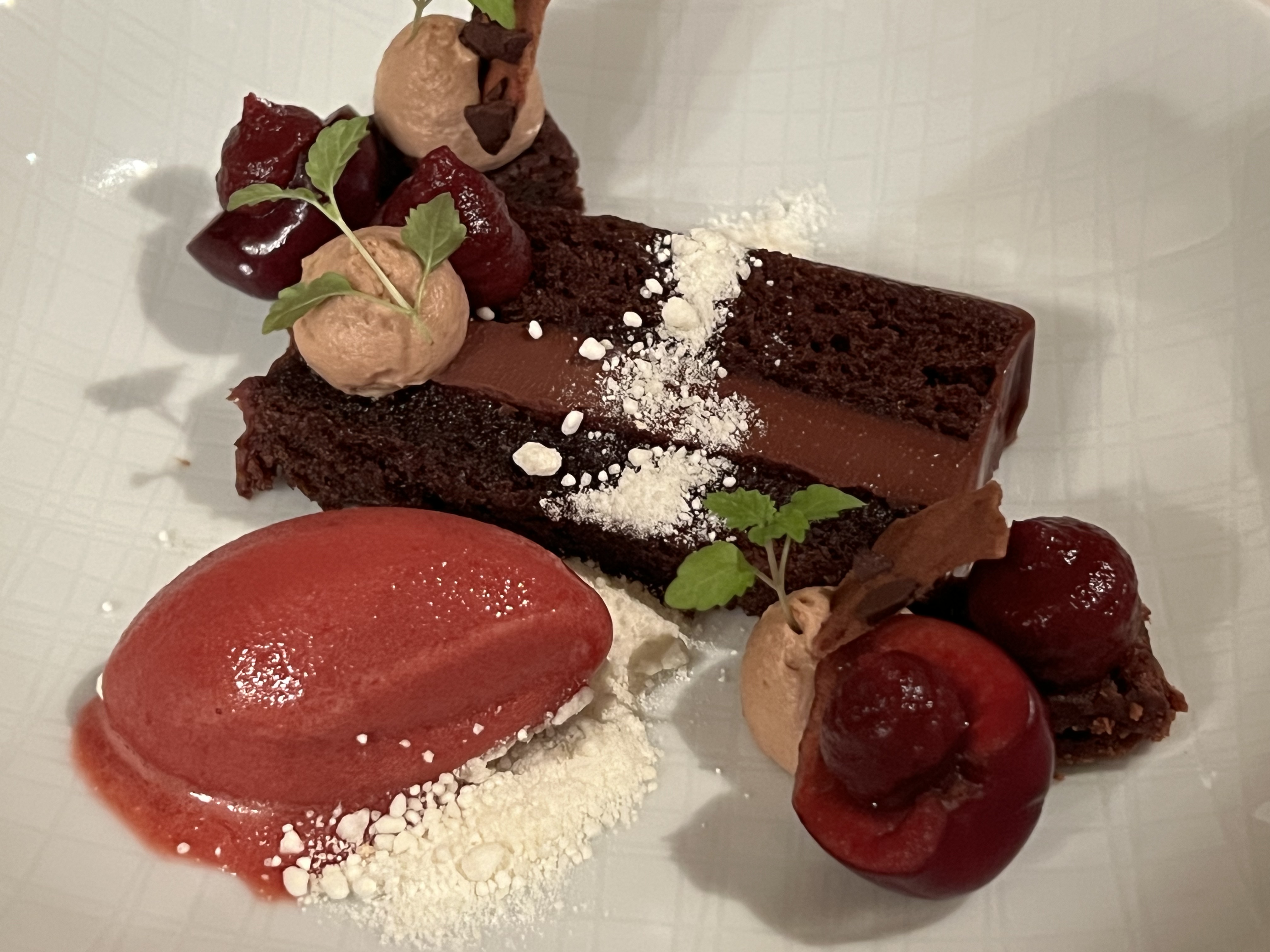 chocolate cake with cherry sorbet