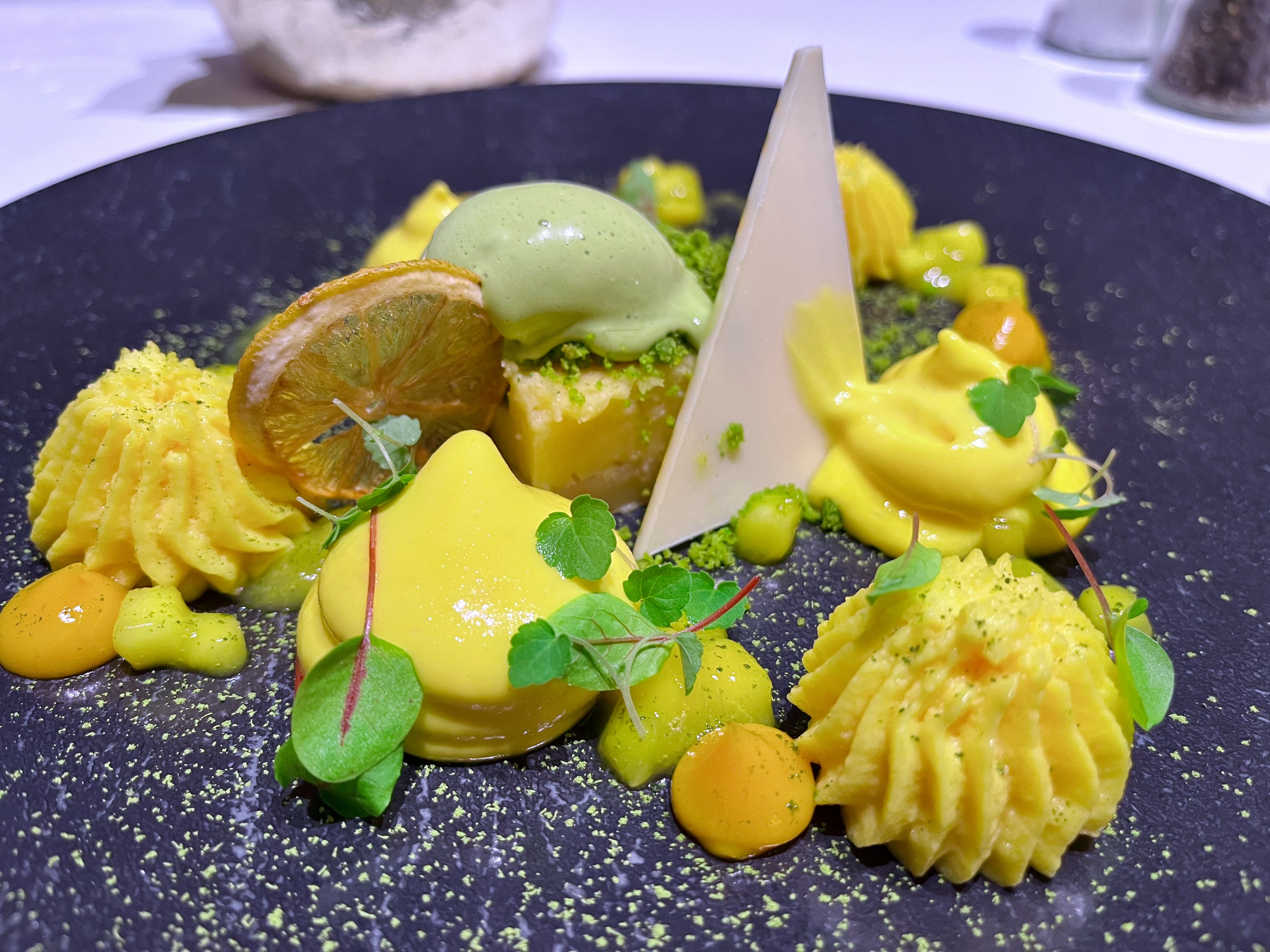 yuzu tart, matcha ice cream, mango