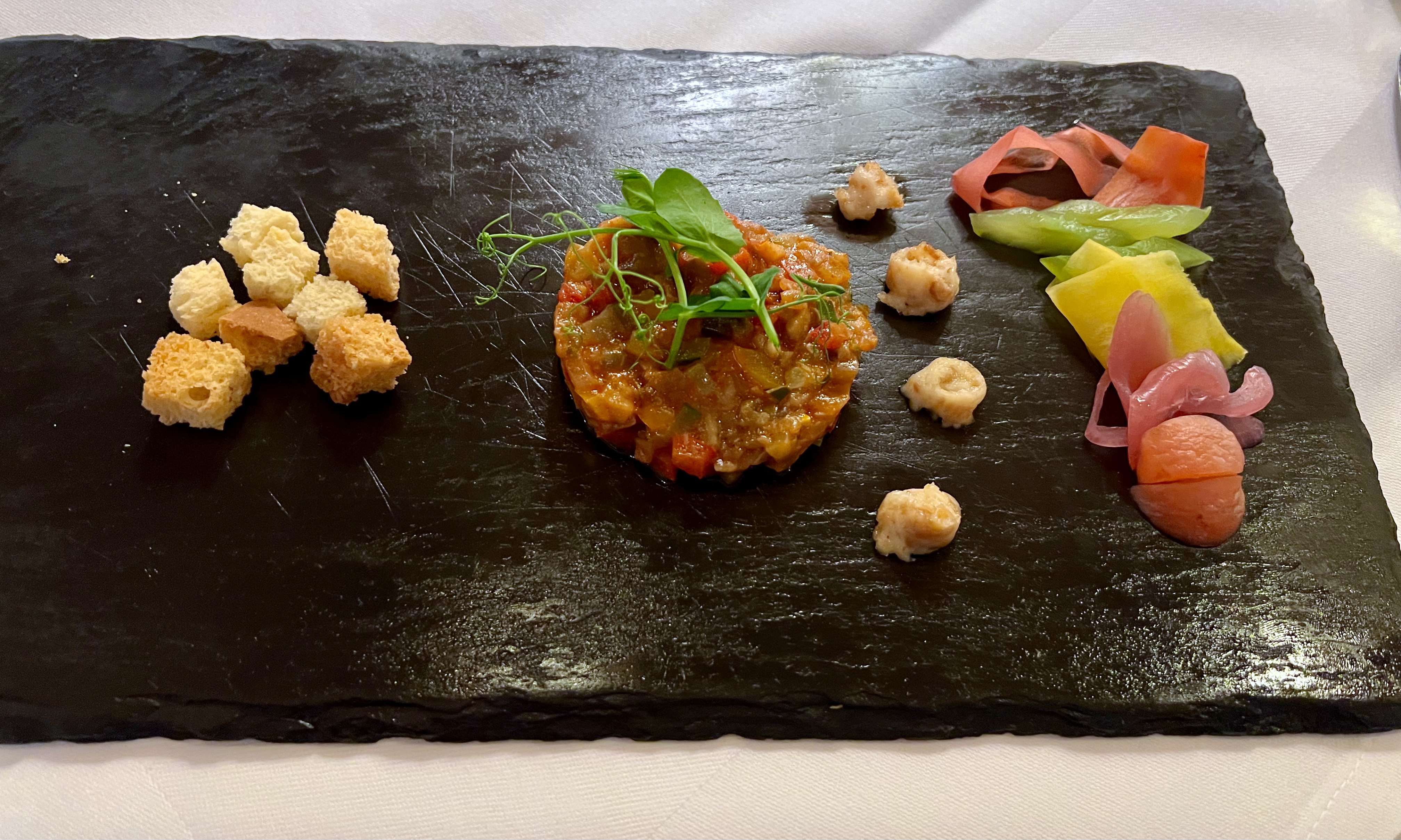 grilled vegetable tartar with brioche, roasted onion mayonnaise