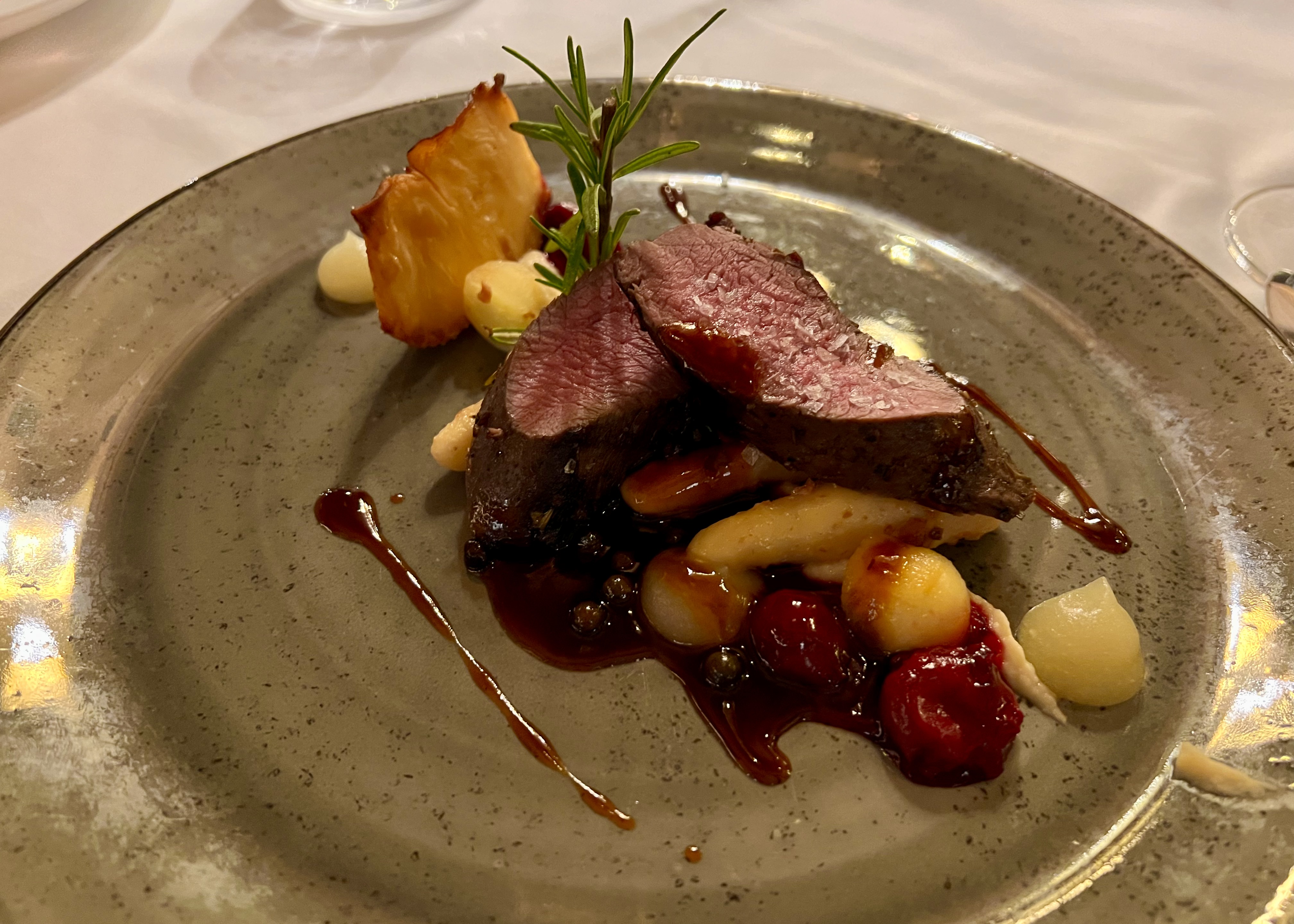 venison with walnut noodle, celery, apple and pepper jus