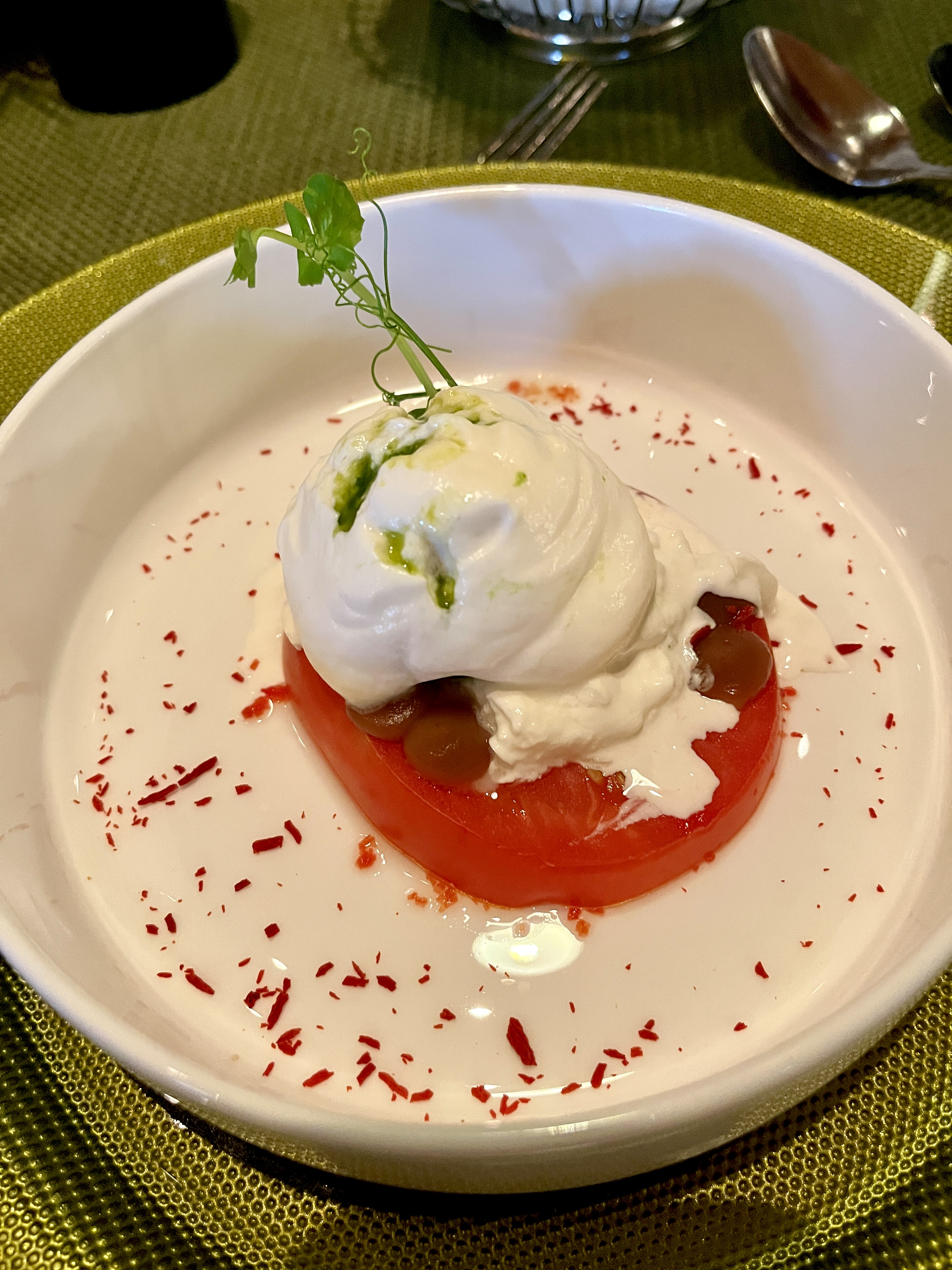 tomato burrata basil ice cream pine nuts