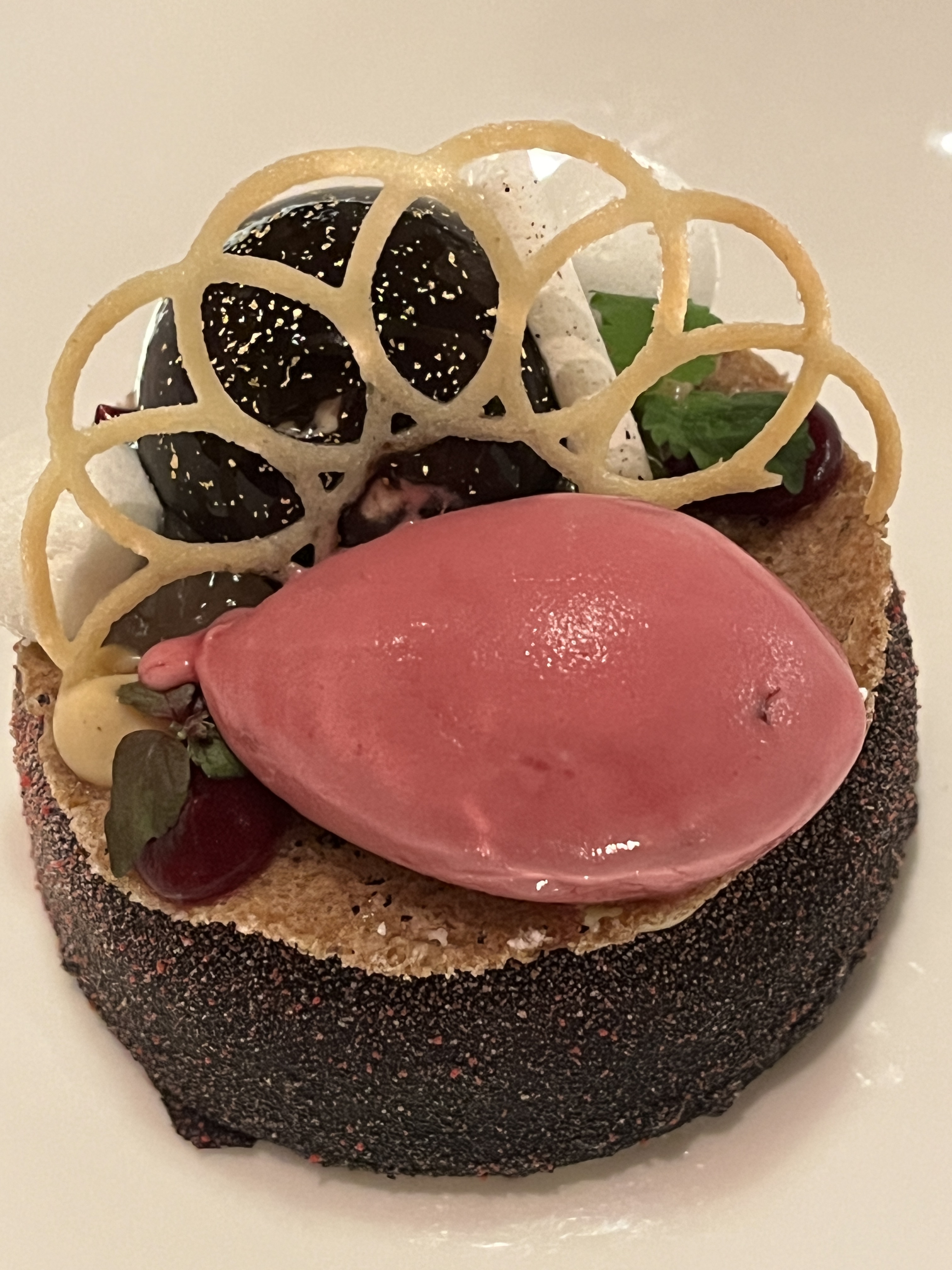 dessert of sudachi citrus sorbet and chocolate