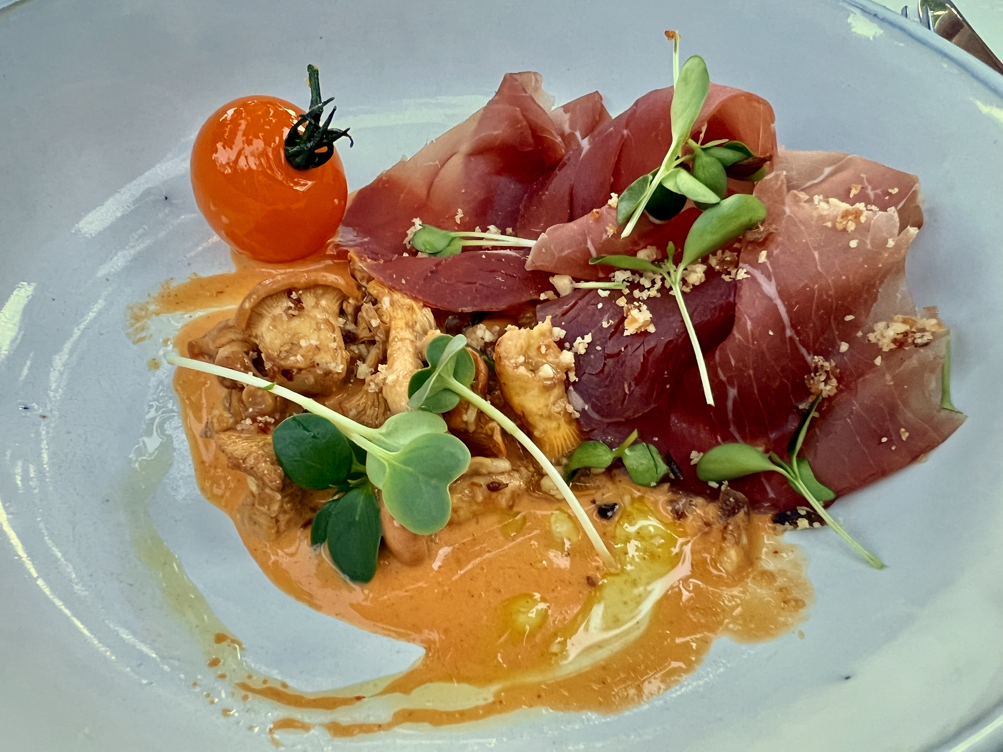 Bresaola, Chanterelles, Bacon Crumble, And Paprika Espuma