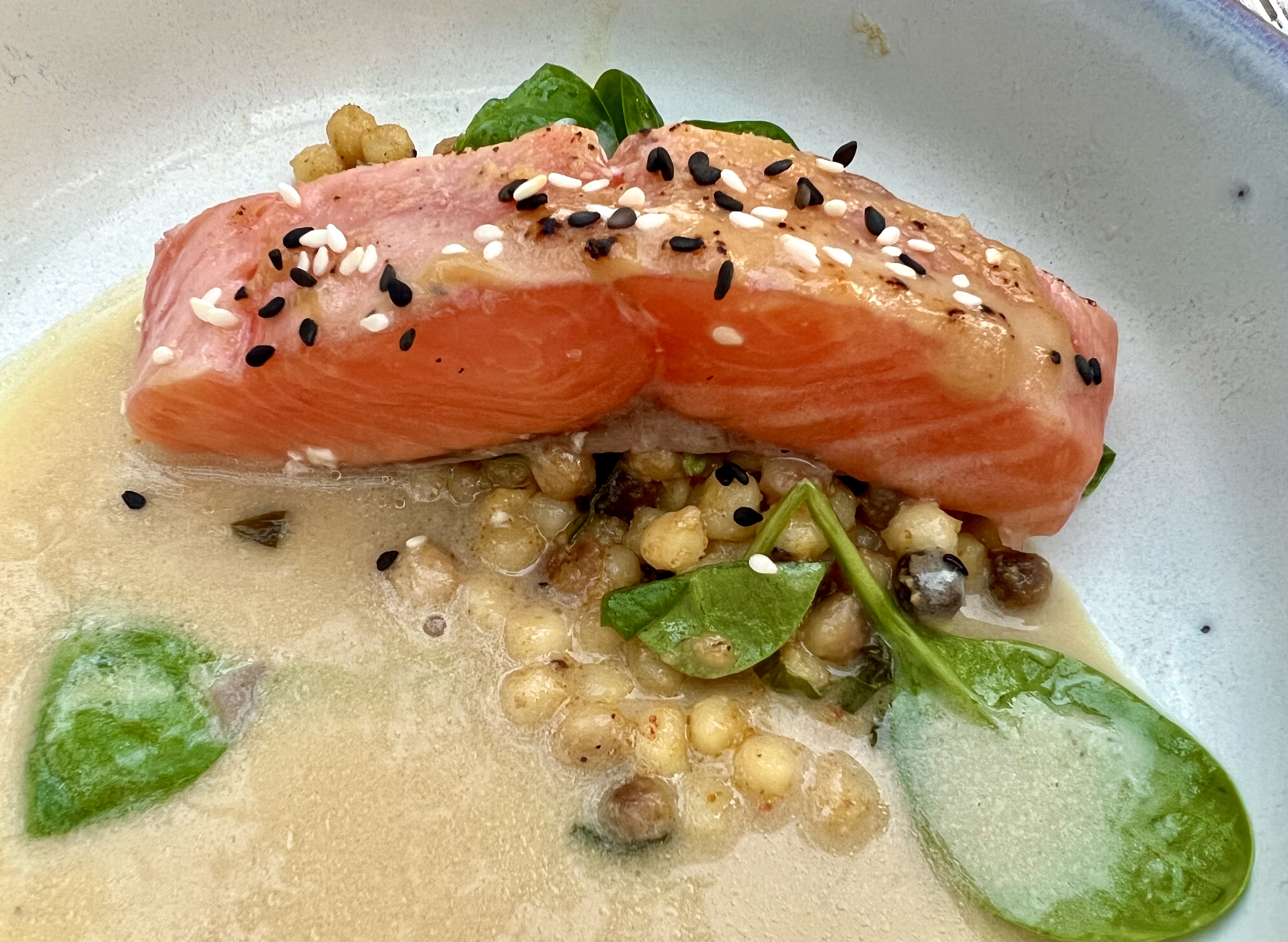flamed salmon fregola sarda, spinach and citrus foam