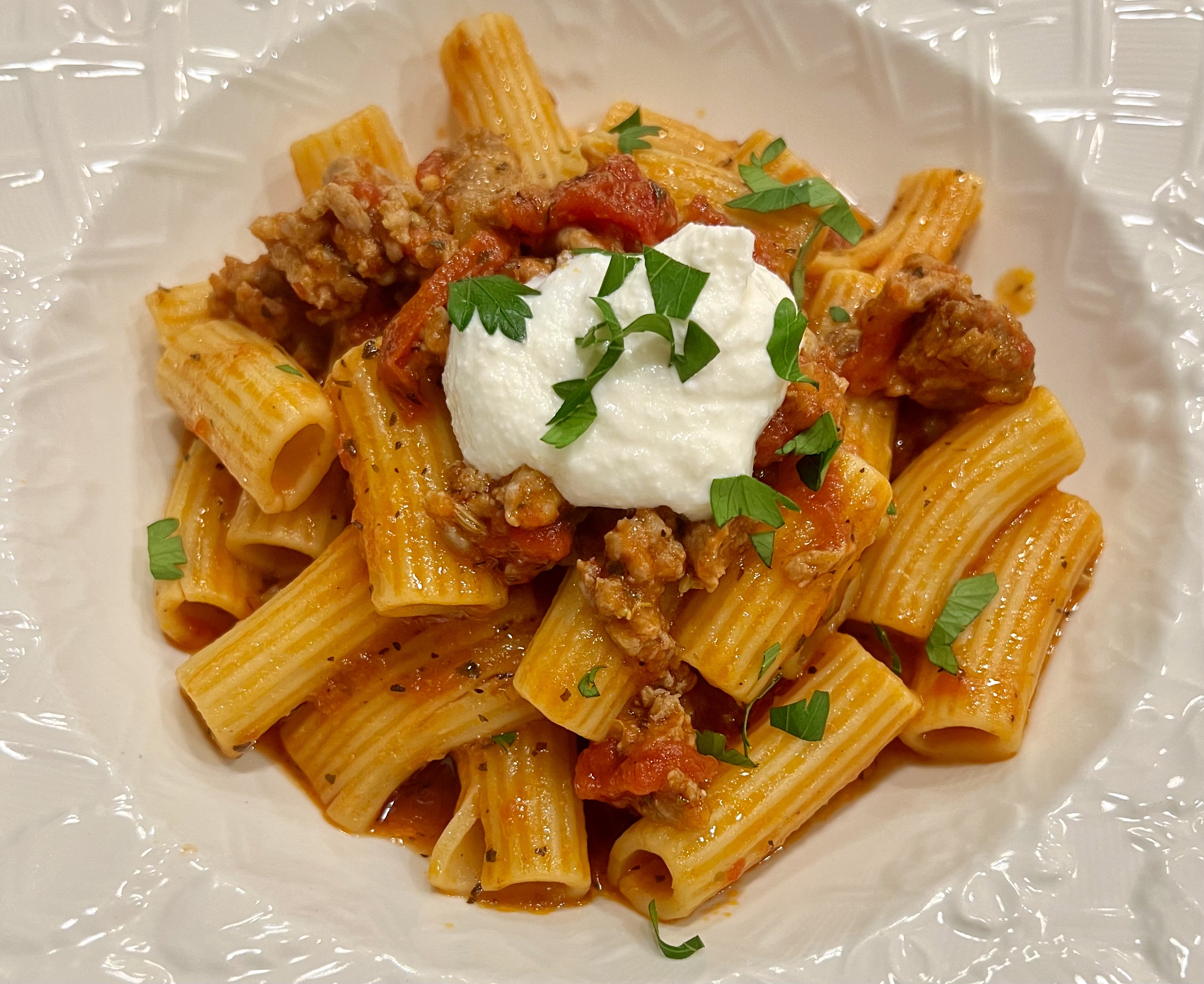 rigatoni with Italian sausage ragù and ricotta