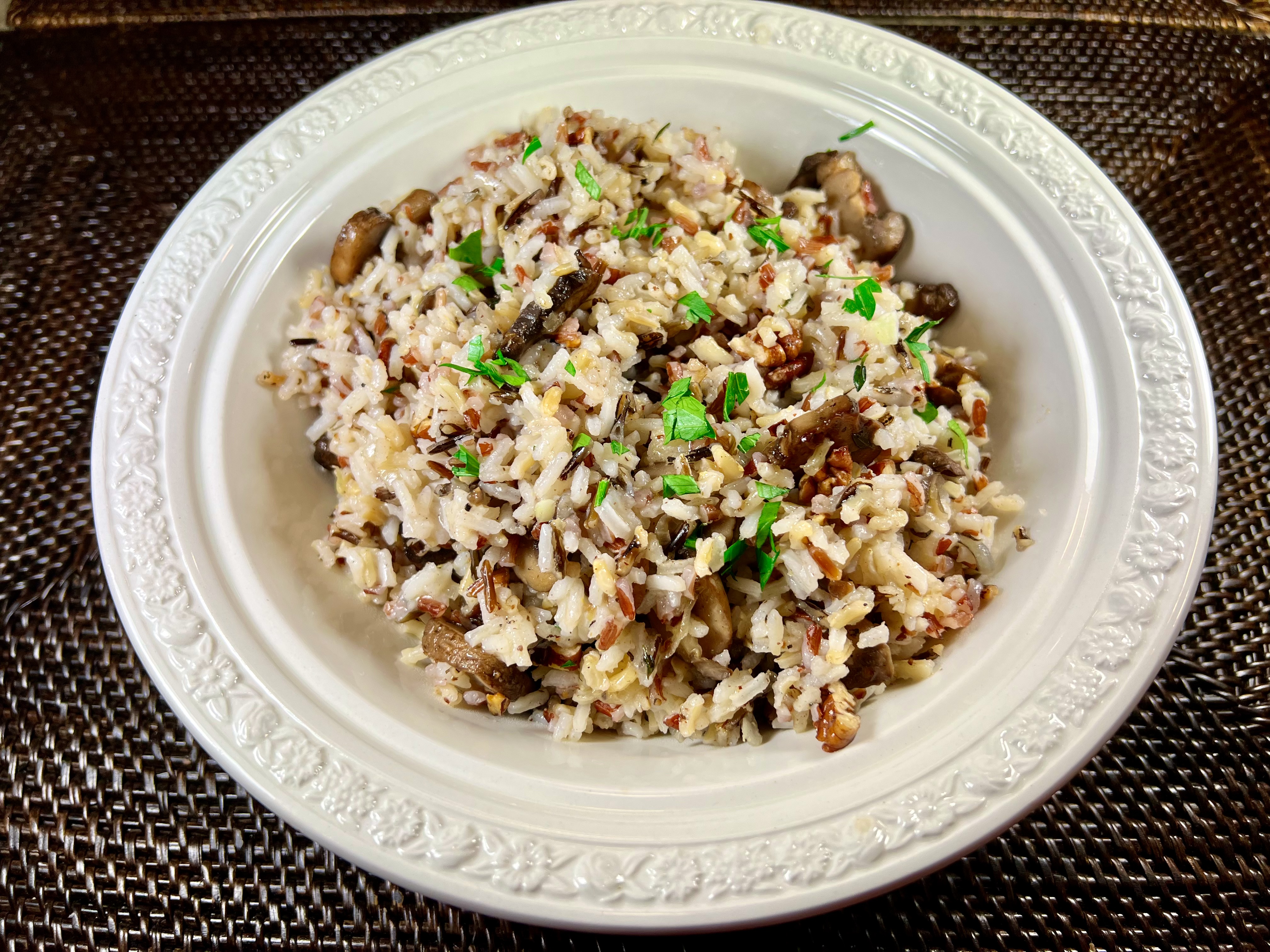 wild rice blend with mushrooms, caramelized shallots and pecans 