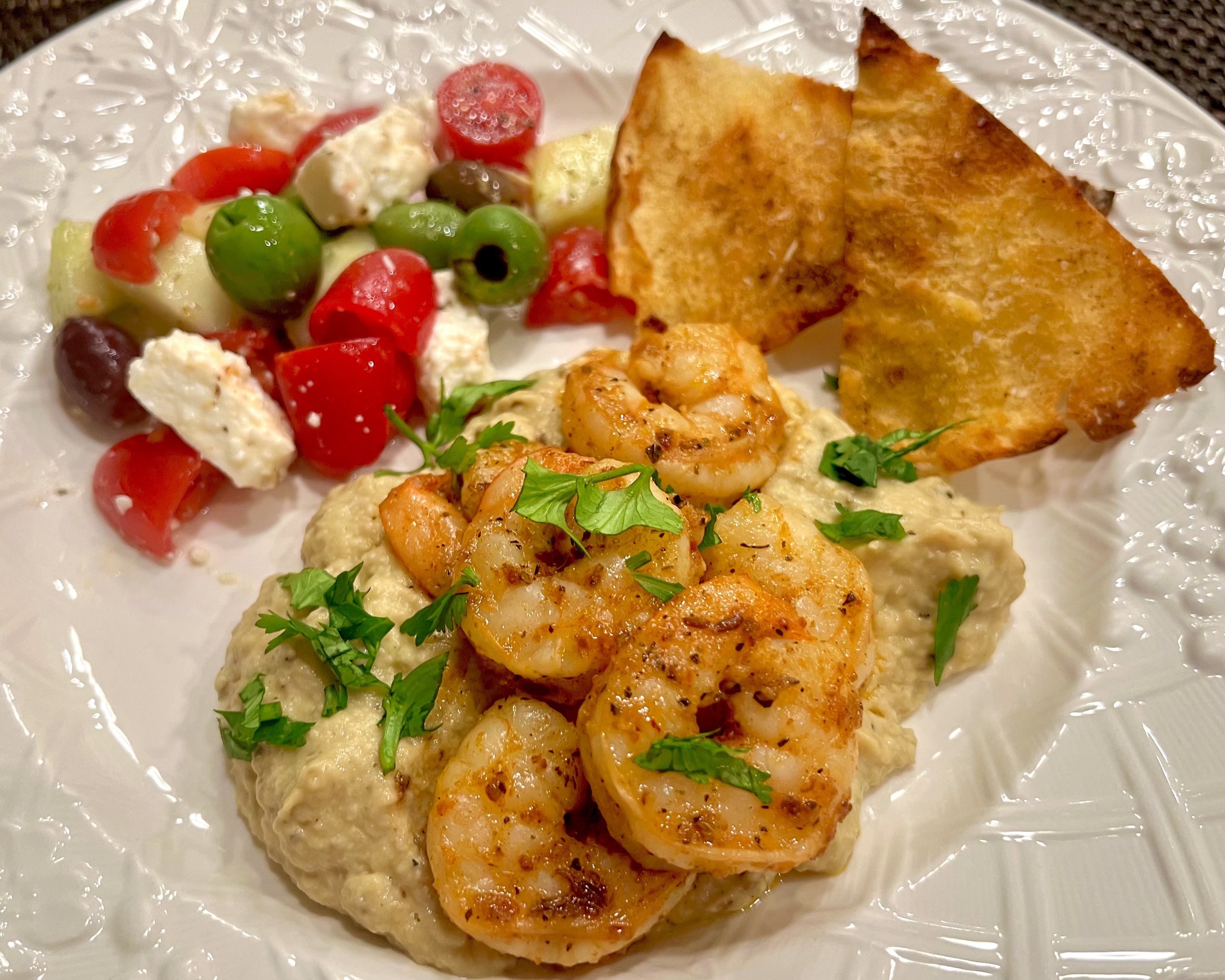 Turkish meze - spicy shrimp - eggplant dip