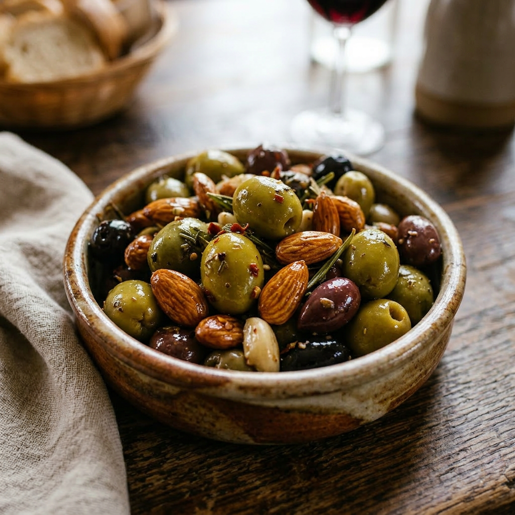 Bowl of mixed olives and almonds seasoned with herbs and spices