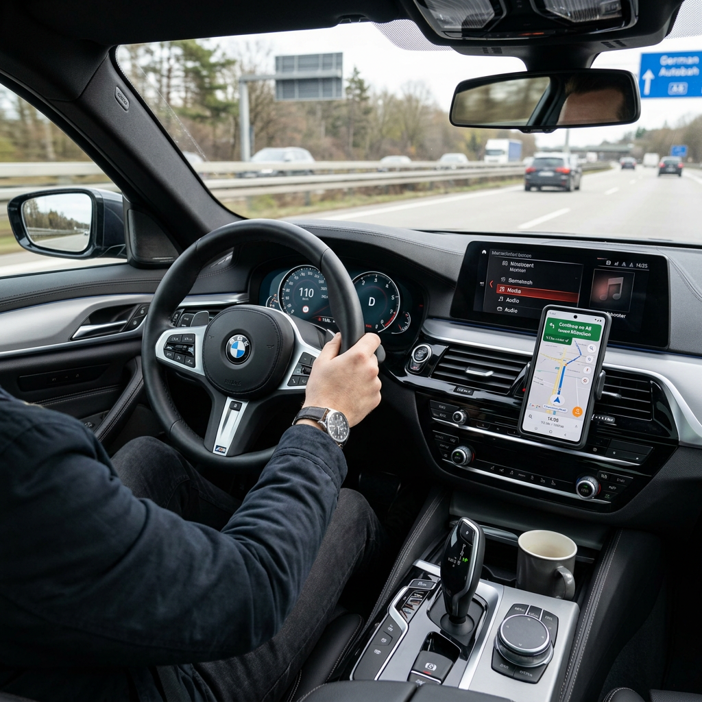 Driver holding steering wheel in a BMW with dashboard speedometer showing 110 km/h and smartphone displaying navigation app.