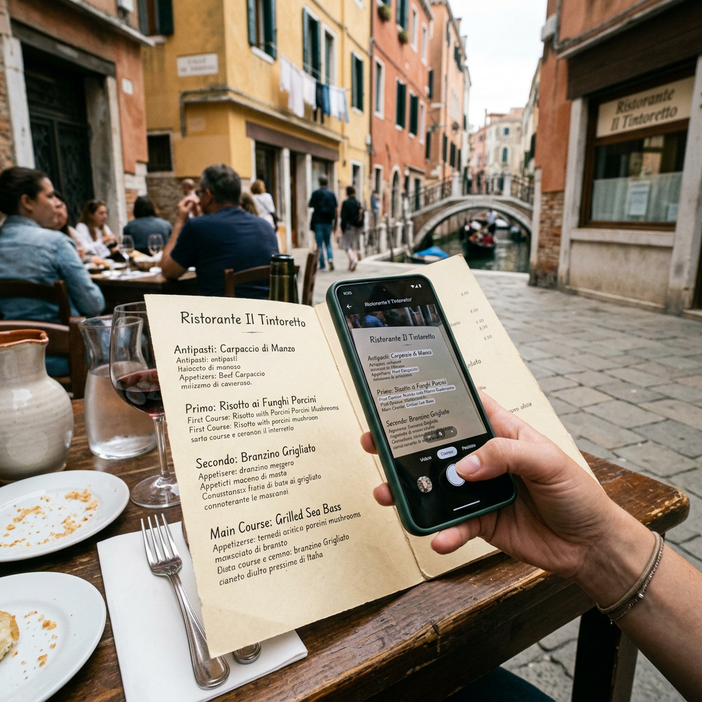 Hand holding smartphone scanning Italian restaurant menu for translation
