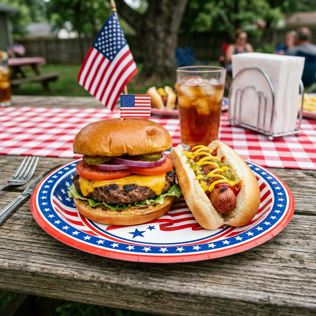 Cheeseburger with lettuce, tomato, onions, and pickles, and a hot dog with mustard, ketchup, and relish on a star-spangled plate