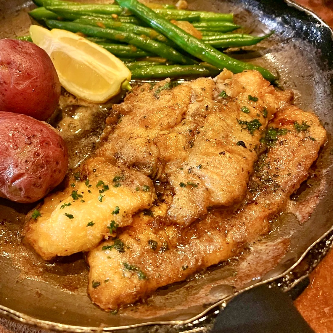sole francaise with haricot verts and brown butter potatoes
