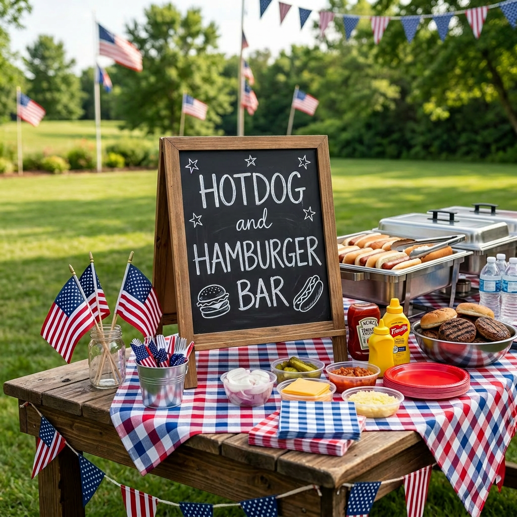 Hotdog and hamburger bar with American flags, condiments, and buns on a picnic table
