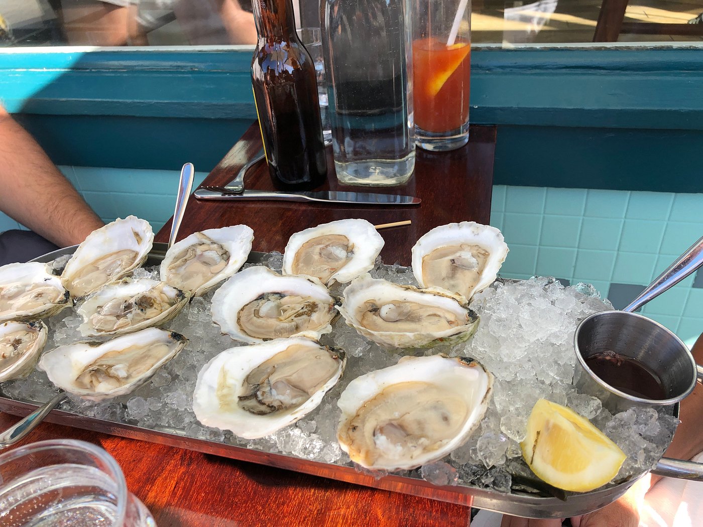 a platter of oysters on ice at Eventide Oyster Co. Portland Maine