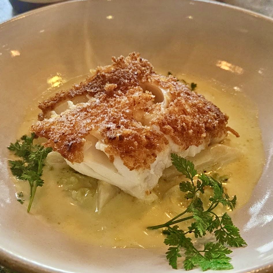 Potato Crusted Cod with savoy cabbage and salsify in a lemon cream