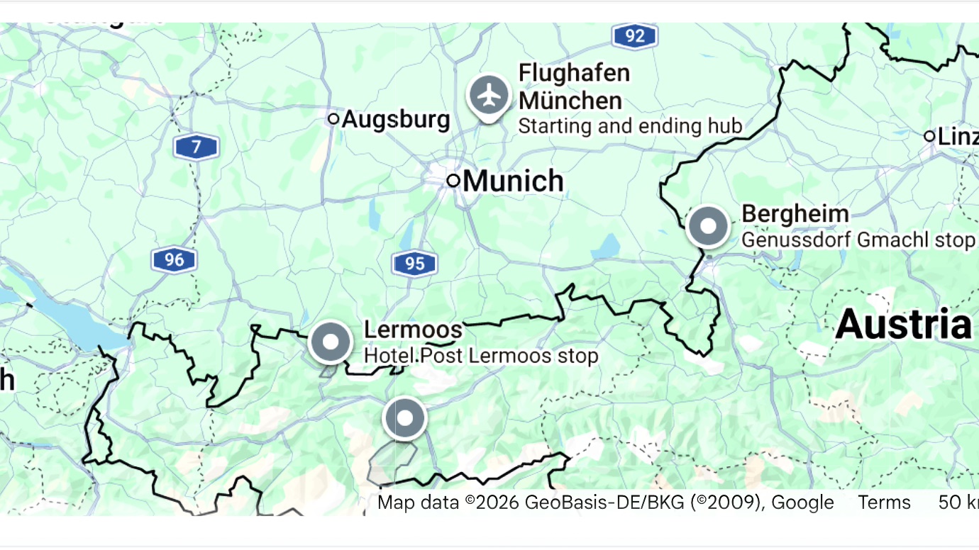 10 day luxury alpine road trip route map starting from Munich to Salzburg, Neustift, and Lermoos